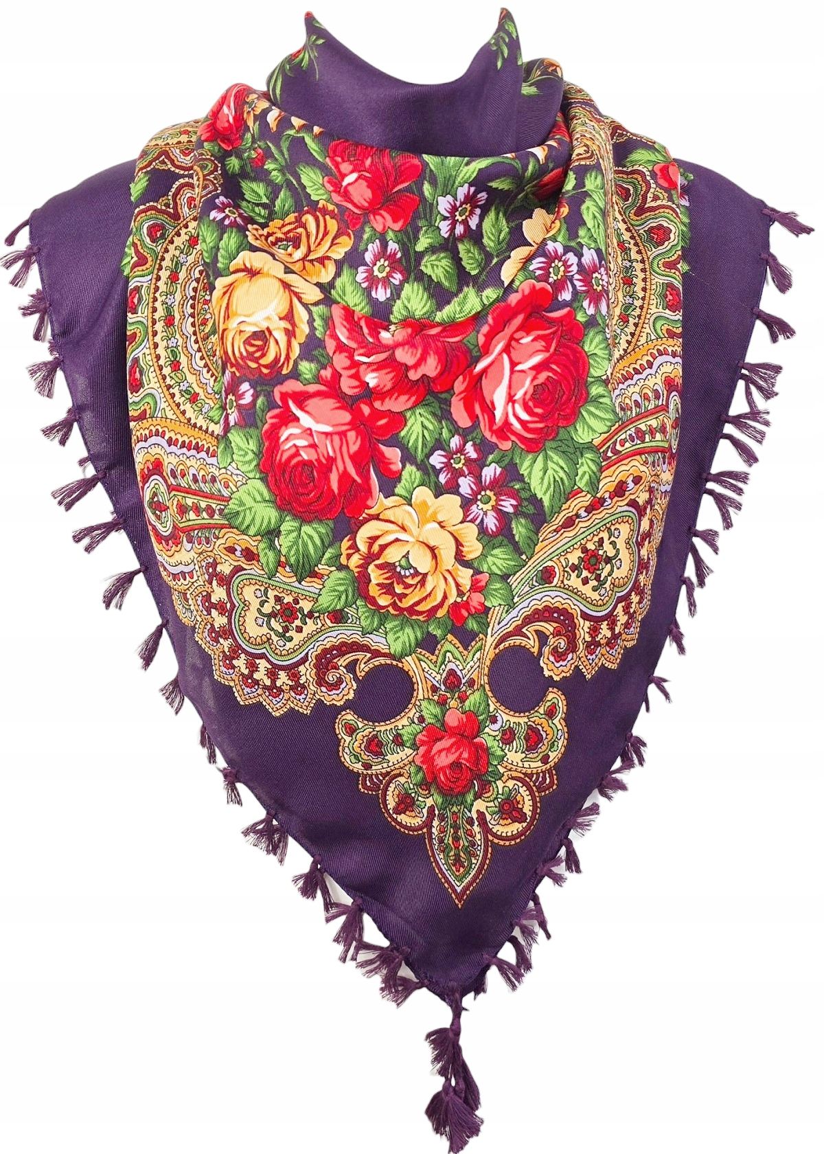  Šalle tumši zils goralska tautas ar ziediem šalle šalle valsts 90x90 cm.