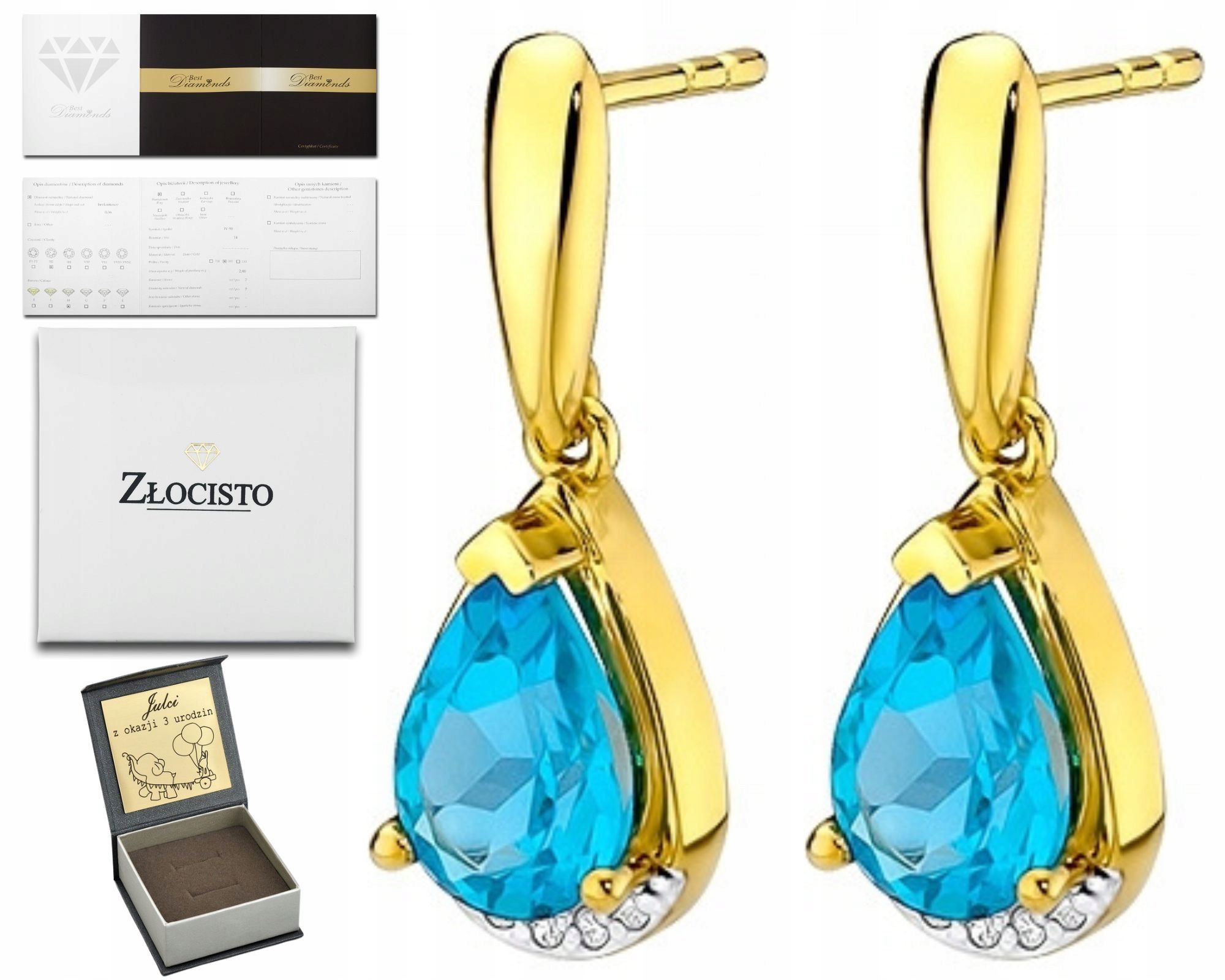  Zlaté náušnice topaz london blue diamanty ceruzka zlato 585 14k