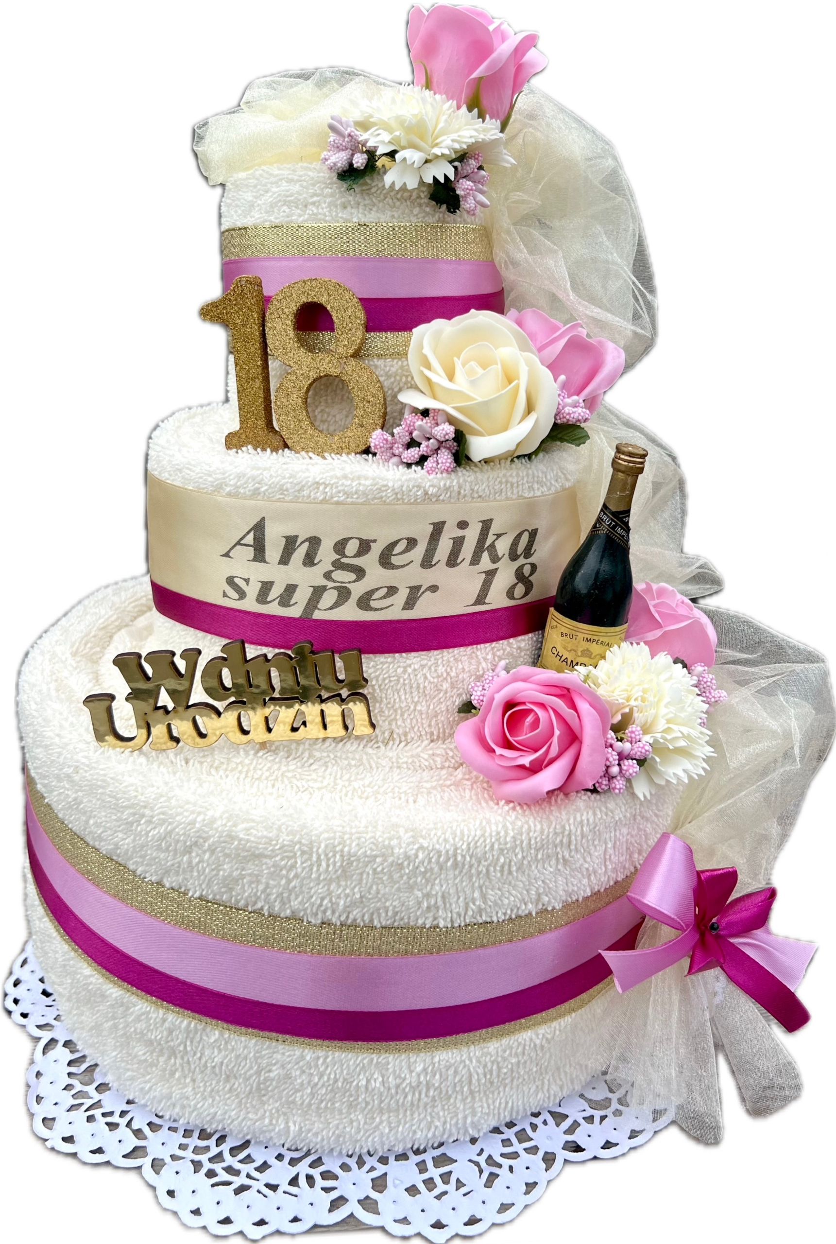  Gift anniversary wedding cake with 4 thick towels flowers roze soap