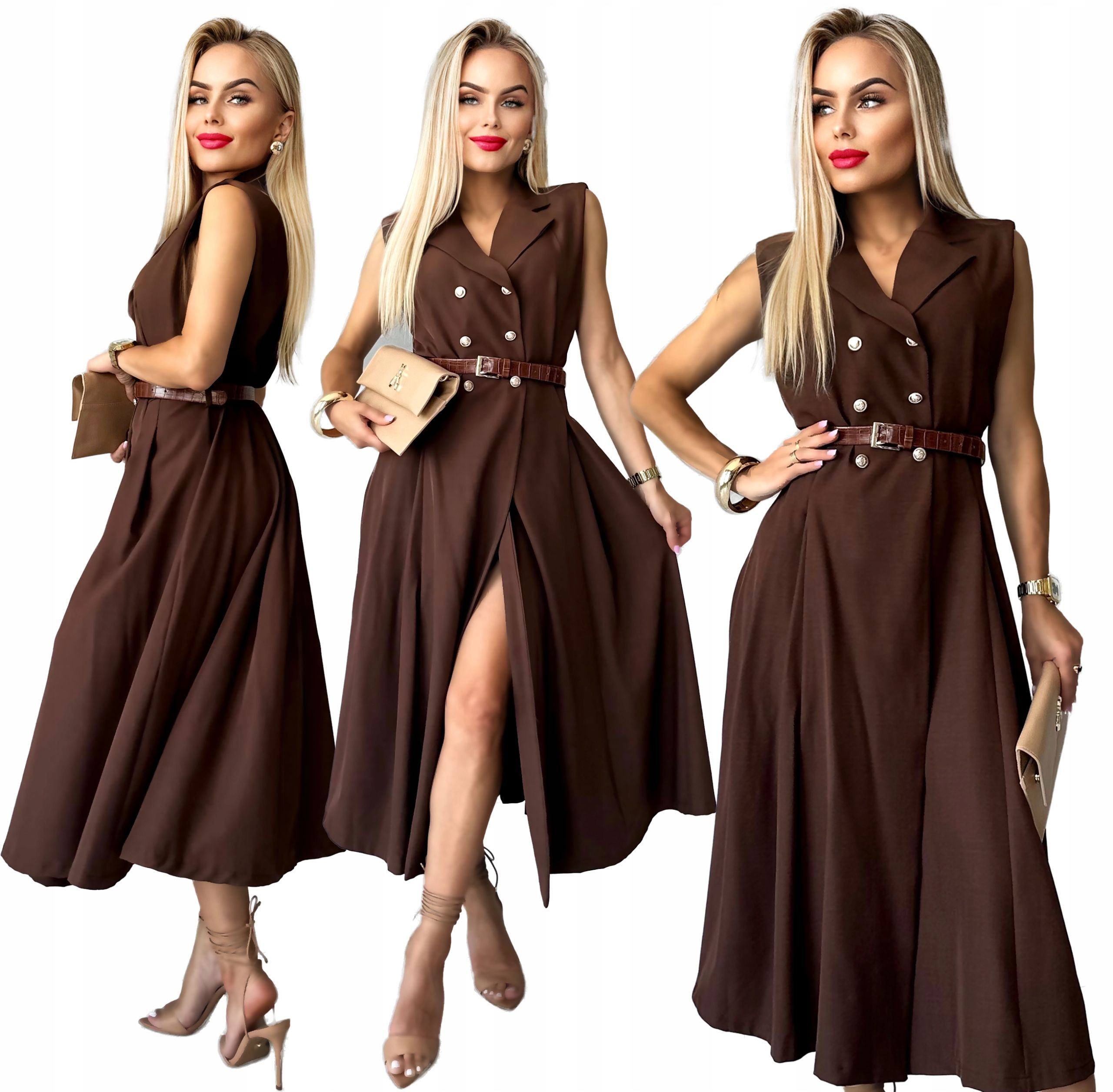 Elegantní dámské šaty rozšiřující se szmizjerka kapsy popruh szla1