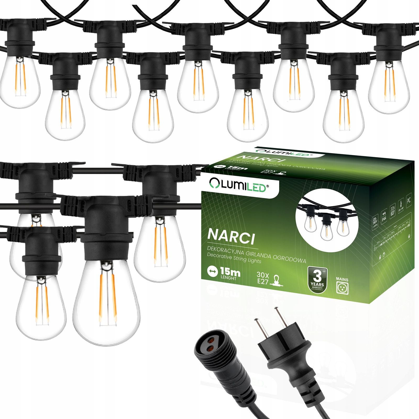  Dārza vītne ārējs ķēde led gaisma 15m 15xe27 1,3w premium
