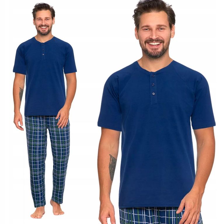  Pyžama bavlna muž soubor kalhoty tričko tlačítka 36/02 kostkovaný navy 4xl