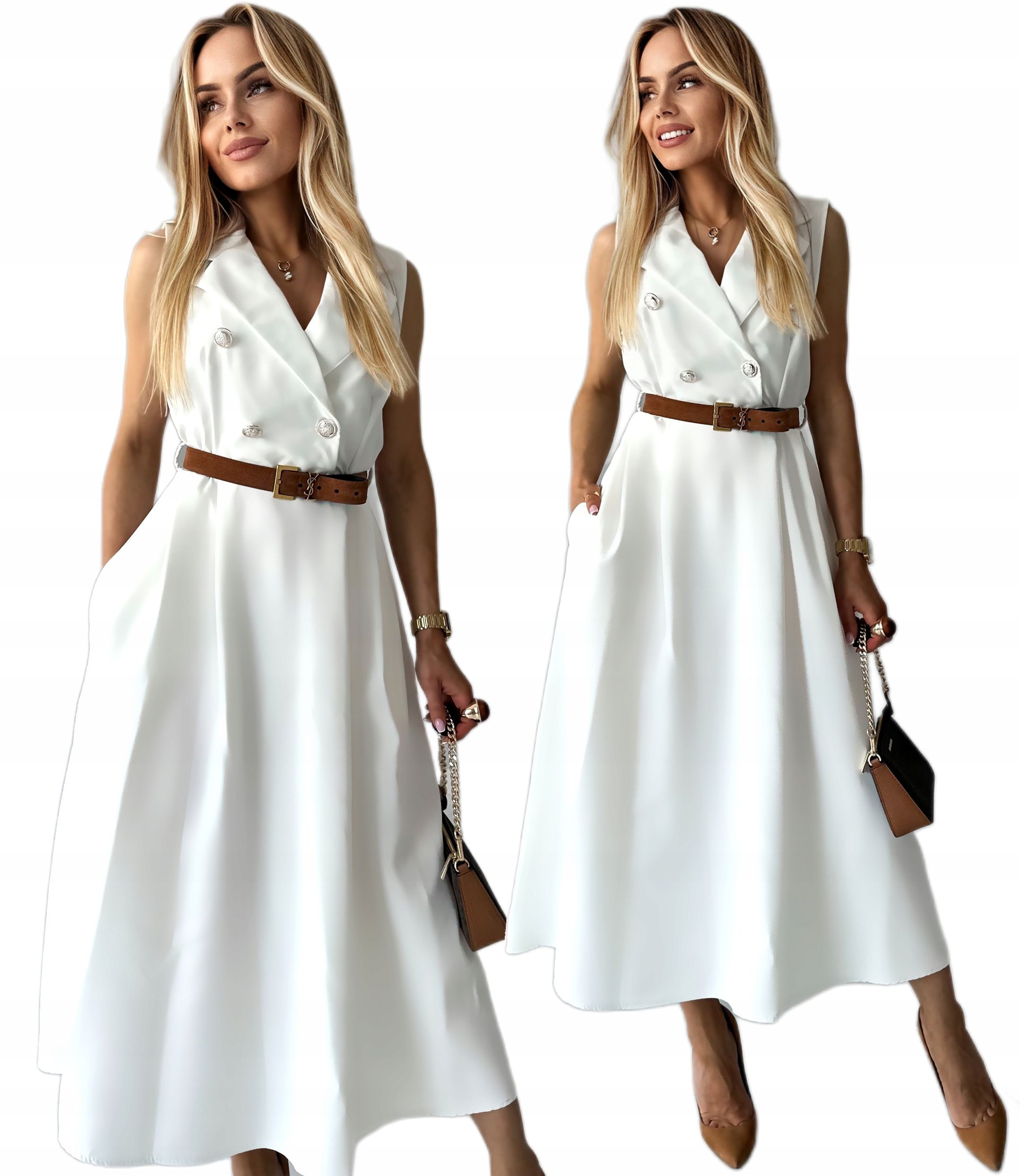  Elegantní dámské šaty rozšiřující se szmizjerka kapsy popruh szla1