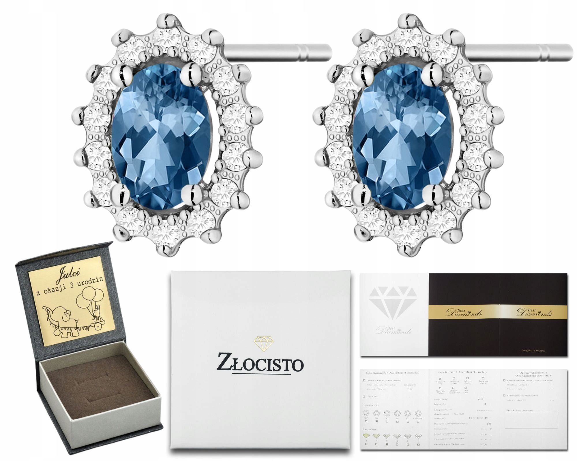  Zlaté náušnice topaz london blue diamanty ceruzka zlato 585 14k