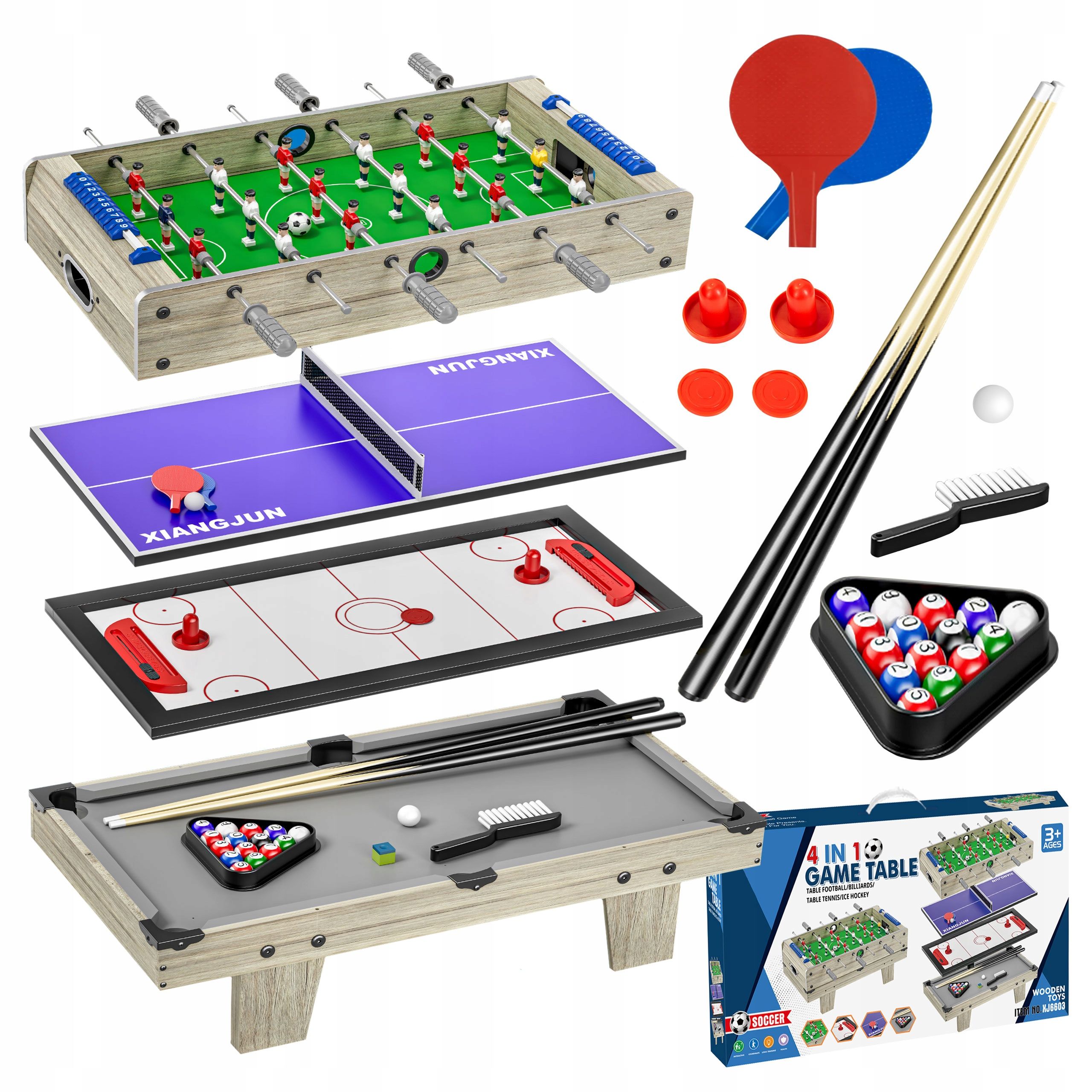  Komplektas žaidimams 4in1 medinis mobilus stol stalo futbolas ledo ritulys biliardas ping pong