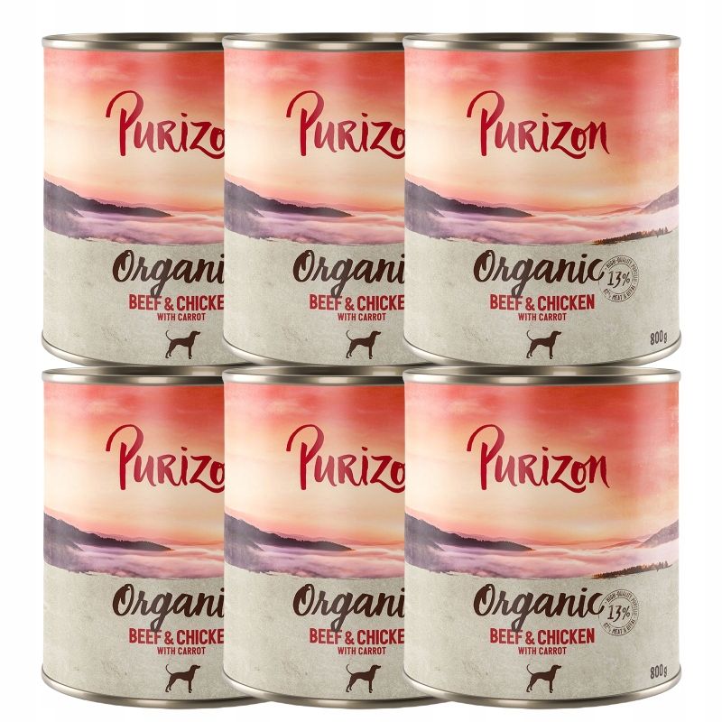  Purizon organic liellopu gaļa i cālis ar burkāniem 6x800g konservi suņiem