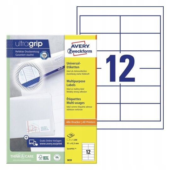  Universalios etiketės baltas avery 3653 ultragrip