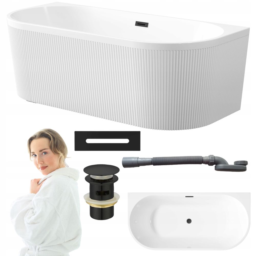  Freestanding bathtub with grooves wall-mounted invena glamour 170 cm black siphon