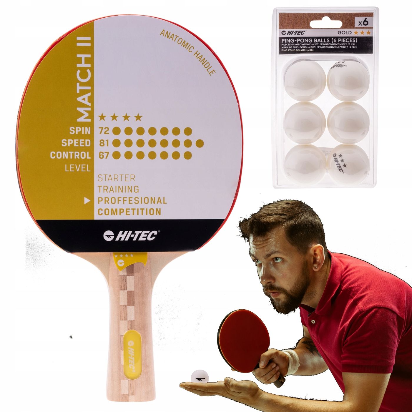  Raketė stalo tenisui hi-tec + 6 kompiuterių. kamuoliukų komplektas ping pong