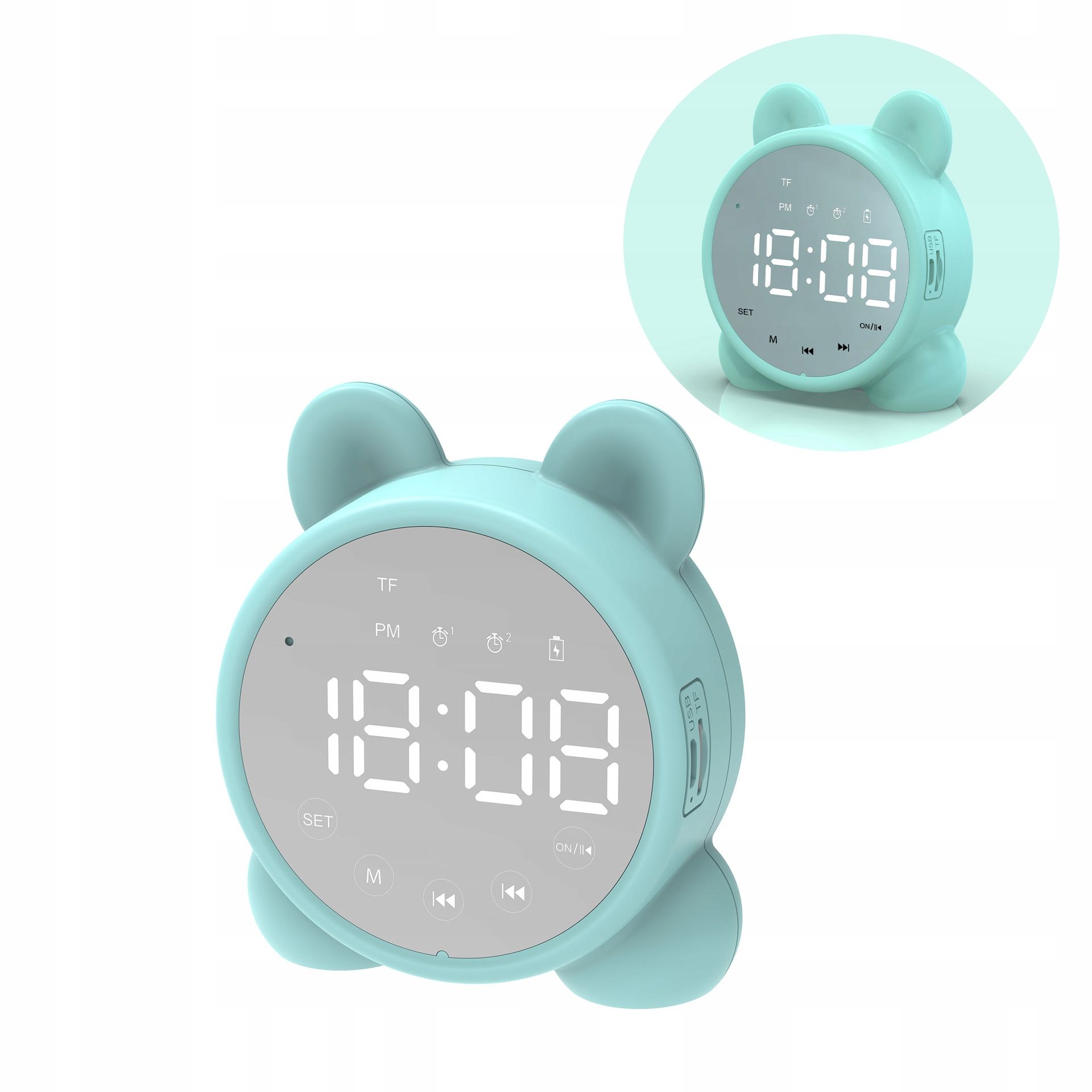  Budík hodiny led fm rádio reproduktor s funkcí bluetooth bt zrcadlo kotě rozowy