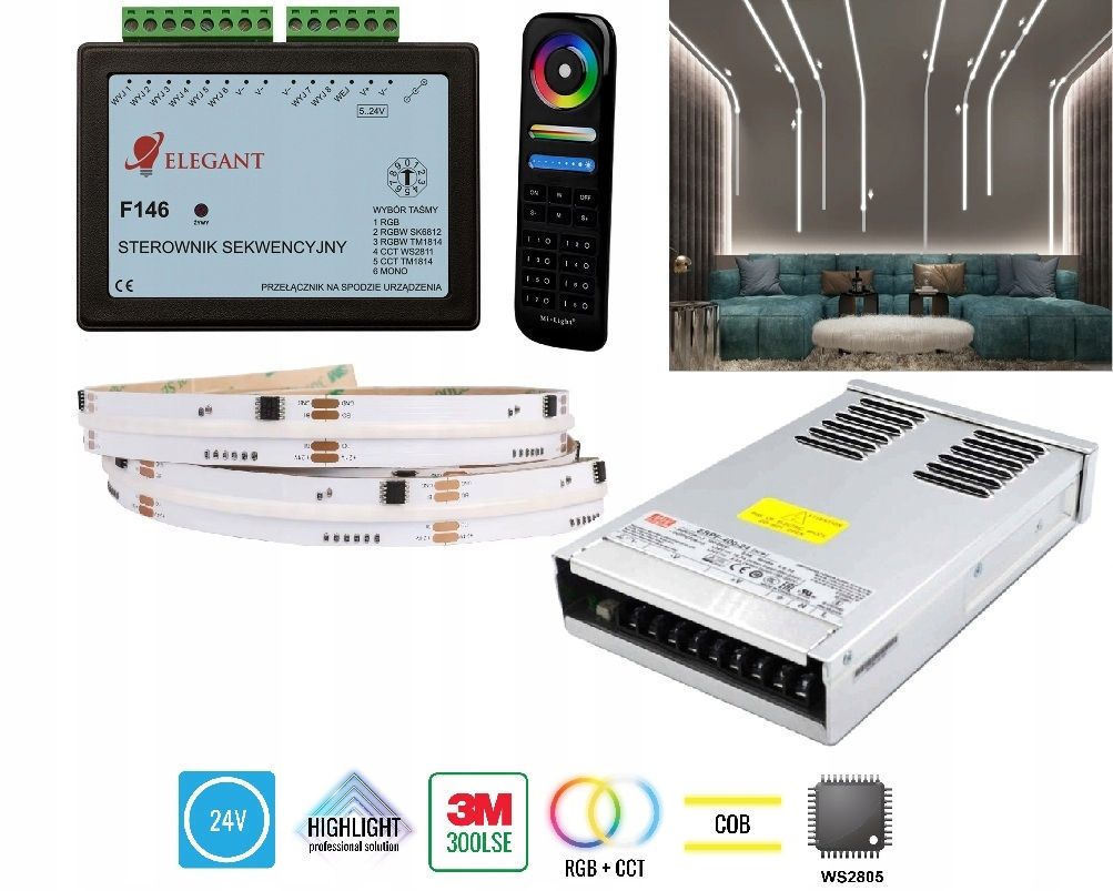  5m osvětlení korytarzowe soubor digitální led f146 cob ws2805 rgb + cct 24v