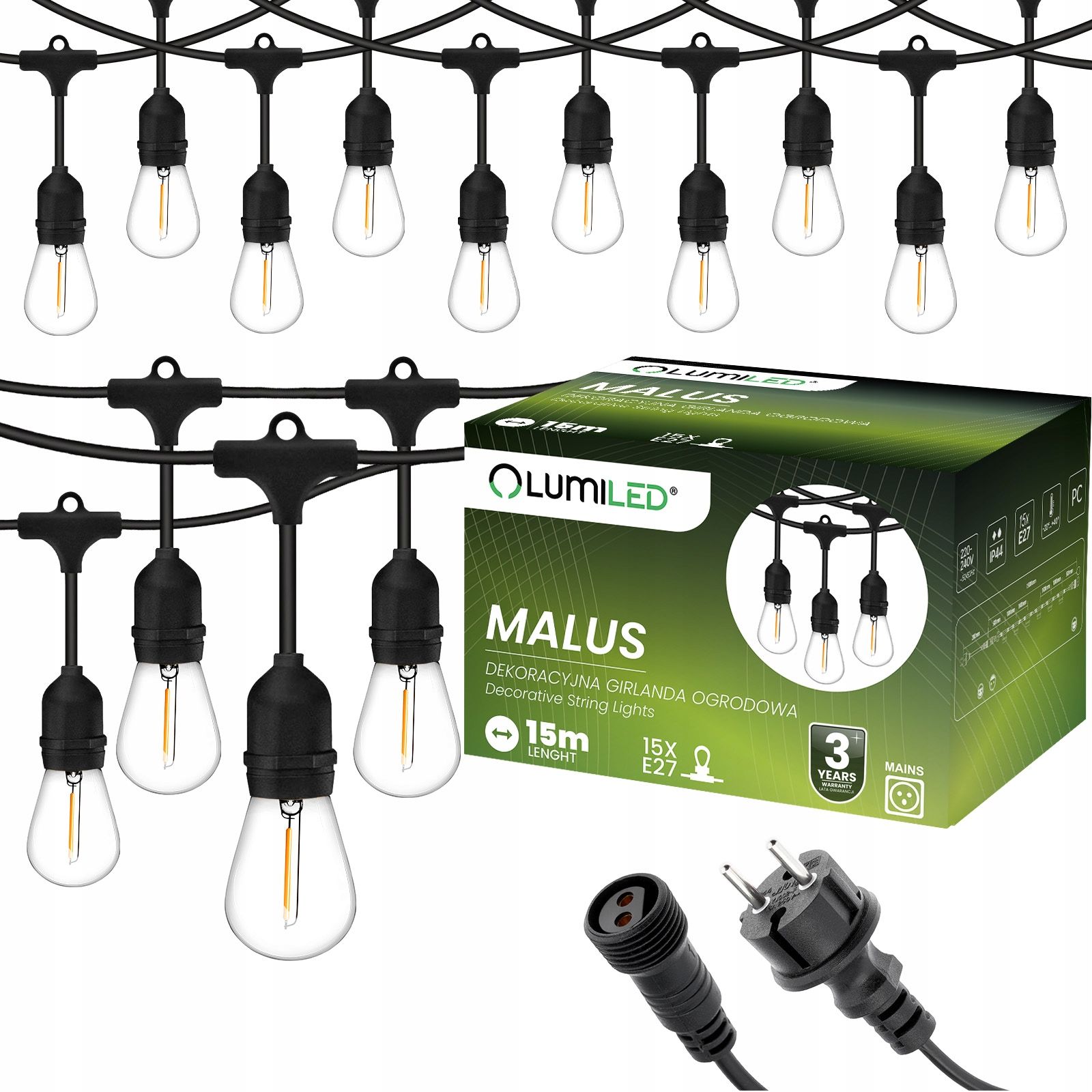 Dārza vītne ārējs ķēde led gaisma 15m 15xe27 1,3w premium