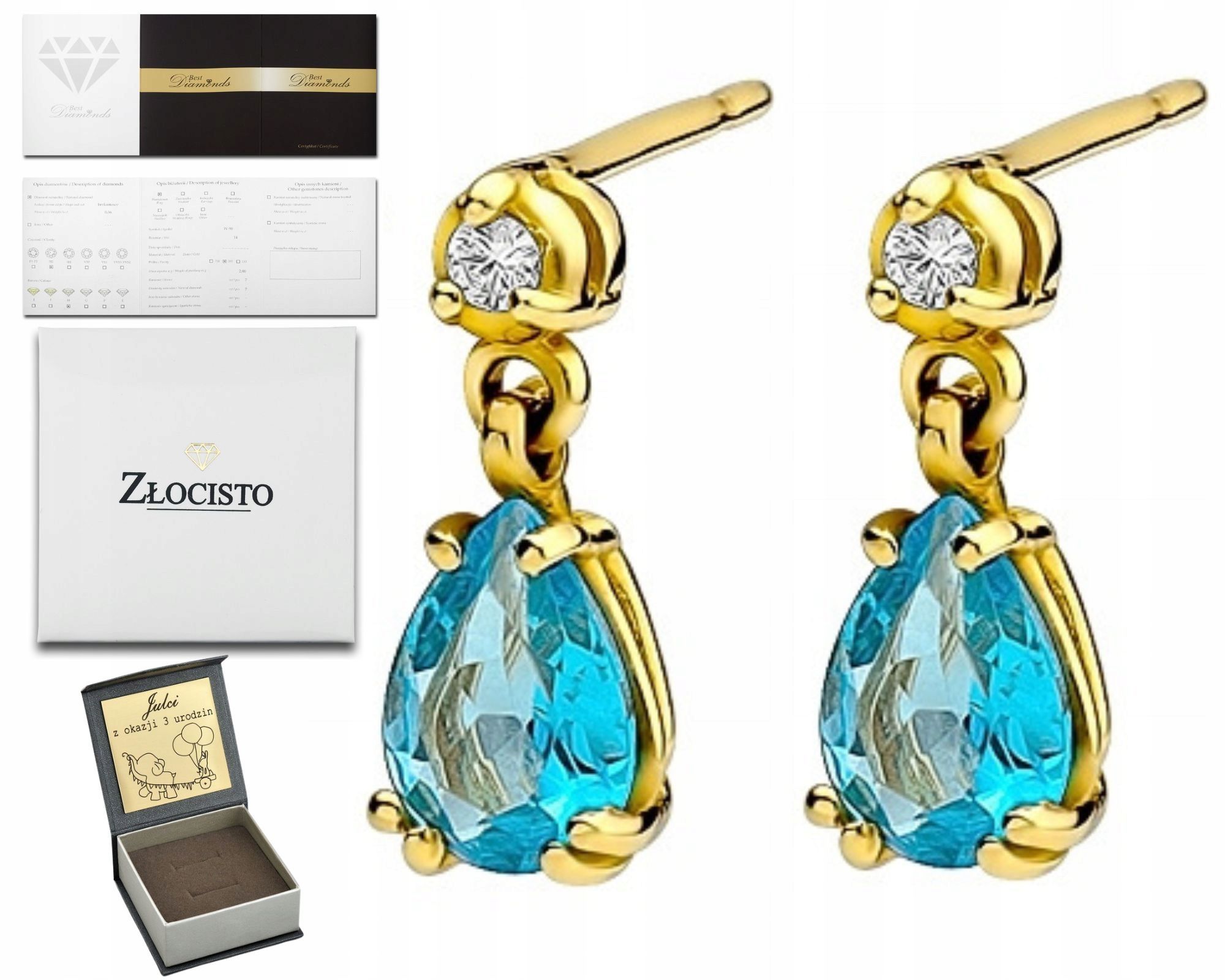  Zlaté náušnice topaz london blue diamanty ceruzka zlato 585 14k