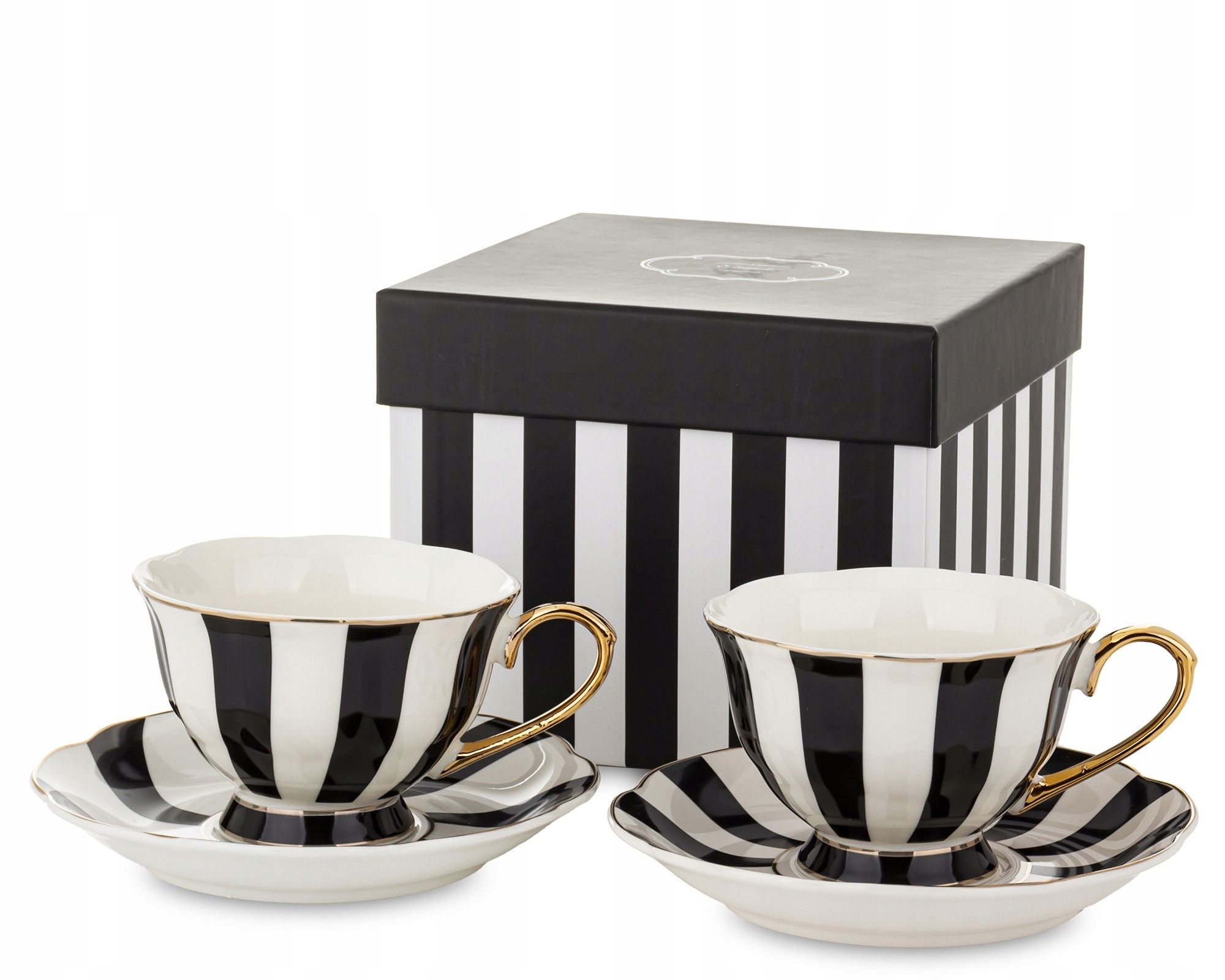  Cups with a saucer set 220 ml black and white colors golden set gift