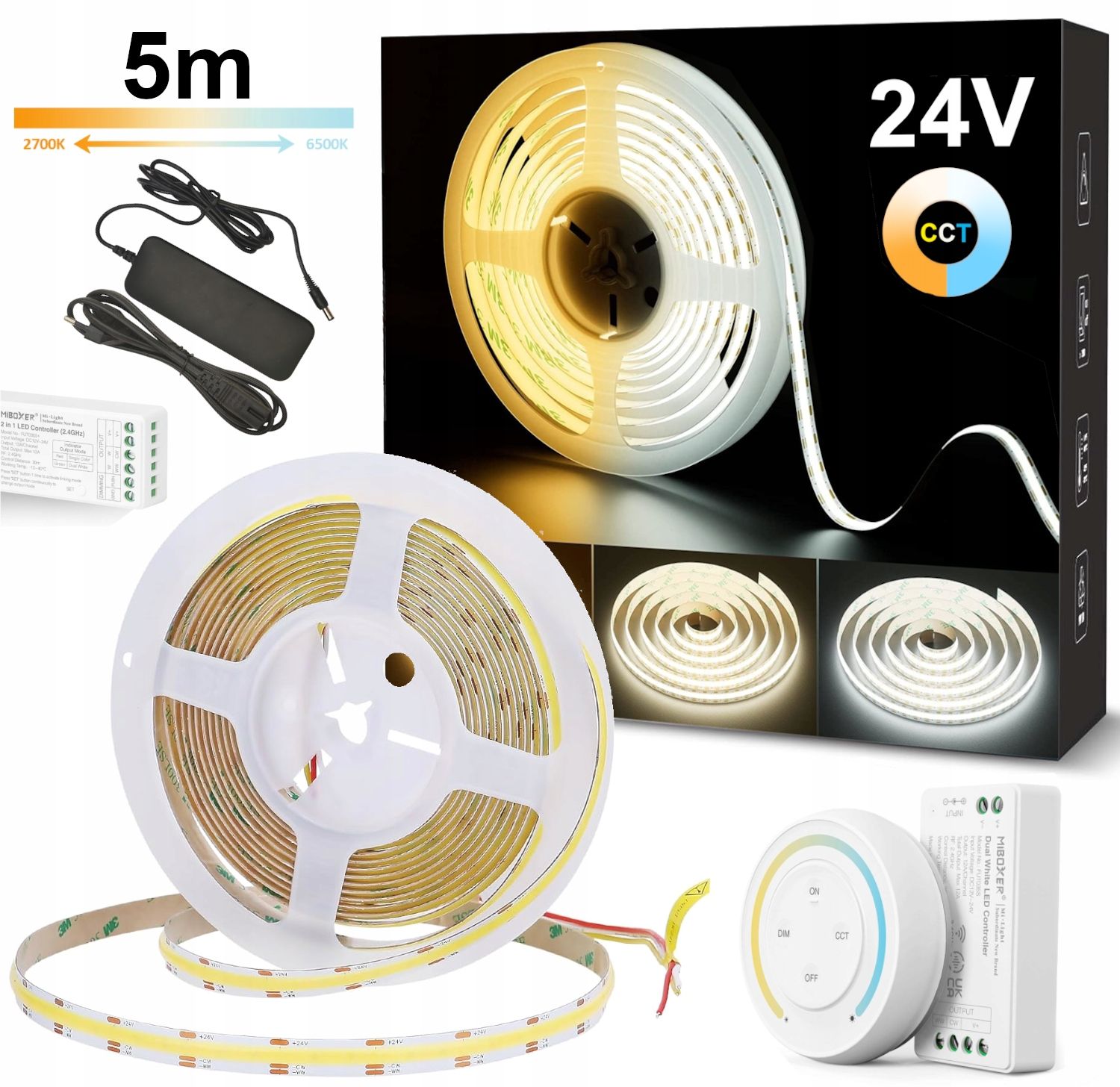  Led juosta 5m cob cct 24v su kintamąją spalva 2700k-6500k valdiklio + maitinimo šaltinis
