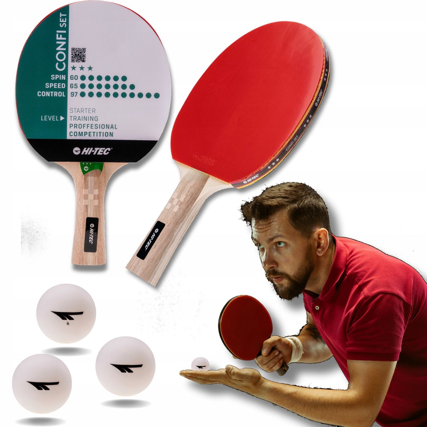  Raketė stalo tenisui hi-tec + 6 kompiuterių. kamuoliukų komplektas ping pong