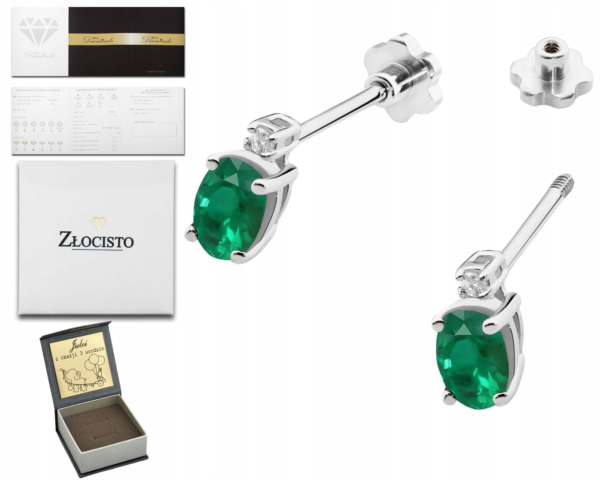  Zlaté náušnice zelený prírodný kameň smaragd a diamanty zlato 585