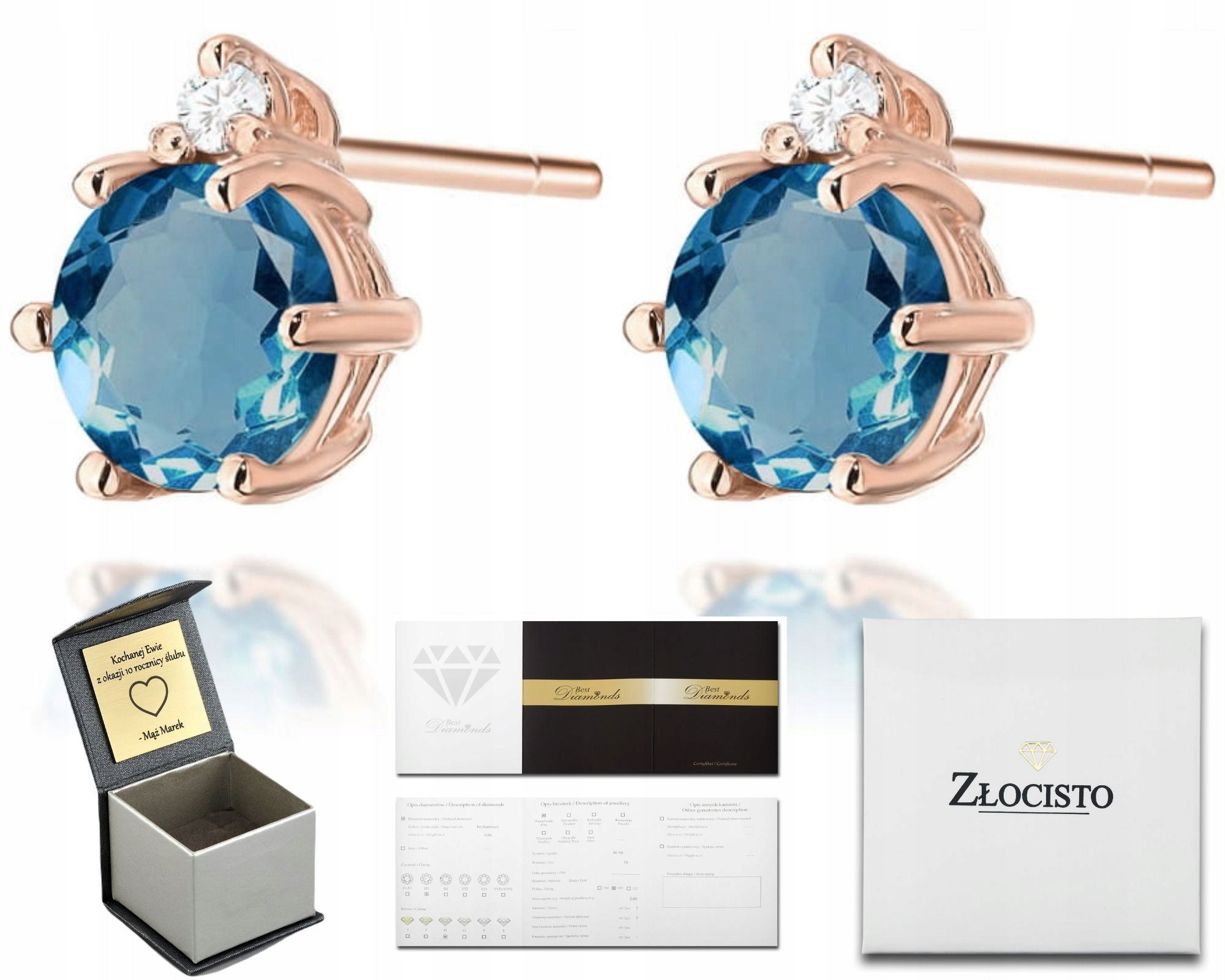  Zlaté náušnice topaz london blue diamanty ceruzka zlato 585 14k