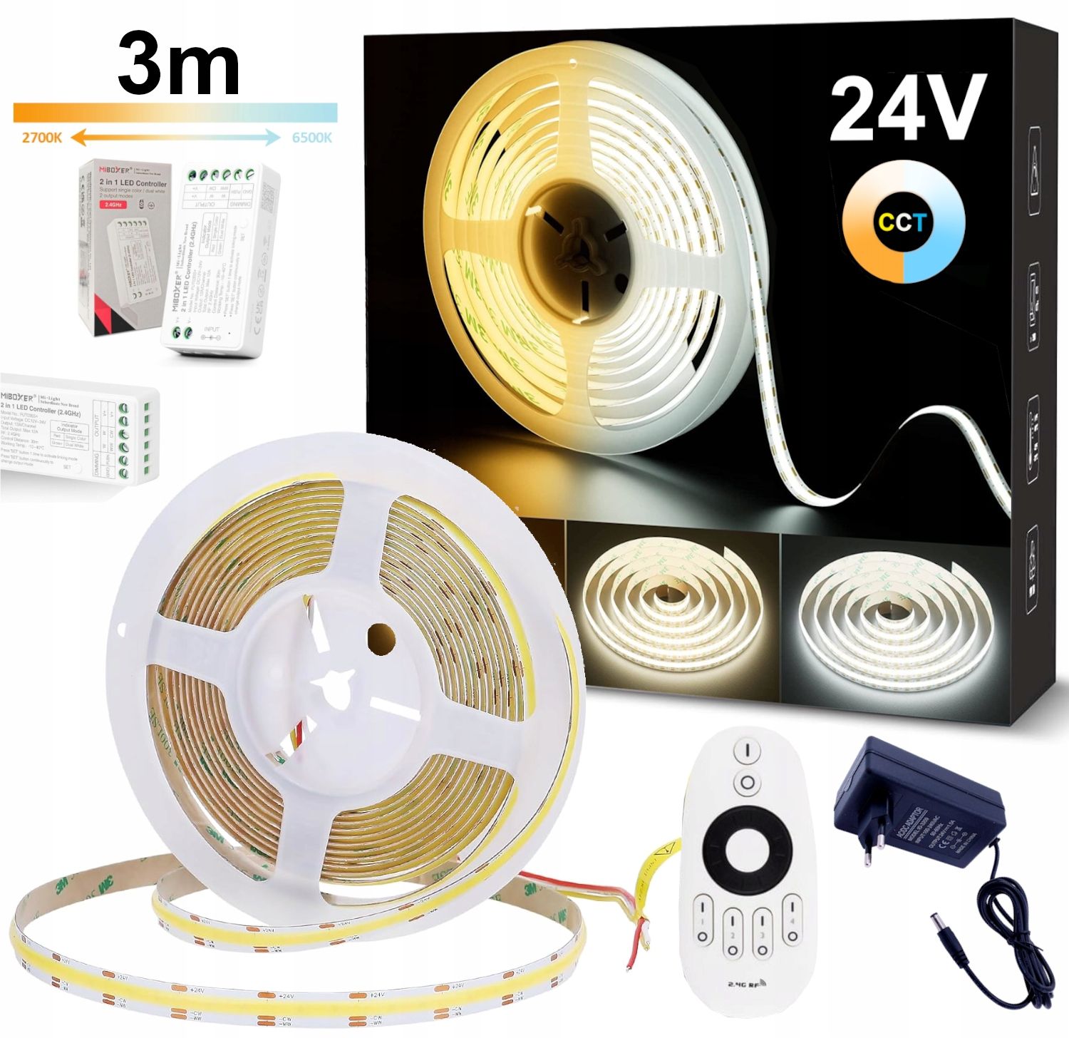  Led juosta 5m cob cct 24v su kintamąją spalva 2700k-6500k valdiklio + maitinimo šaltinis