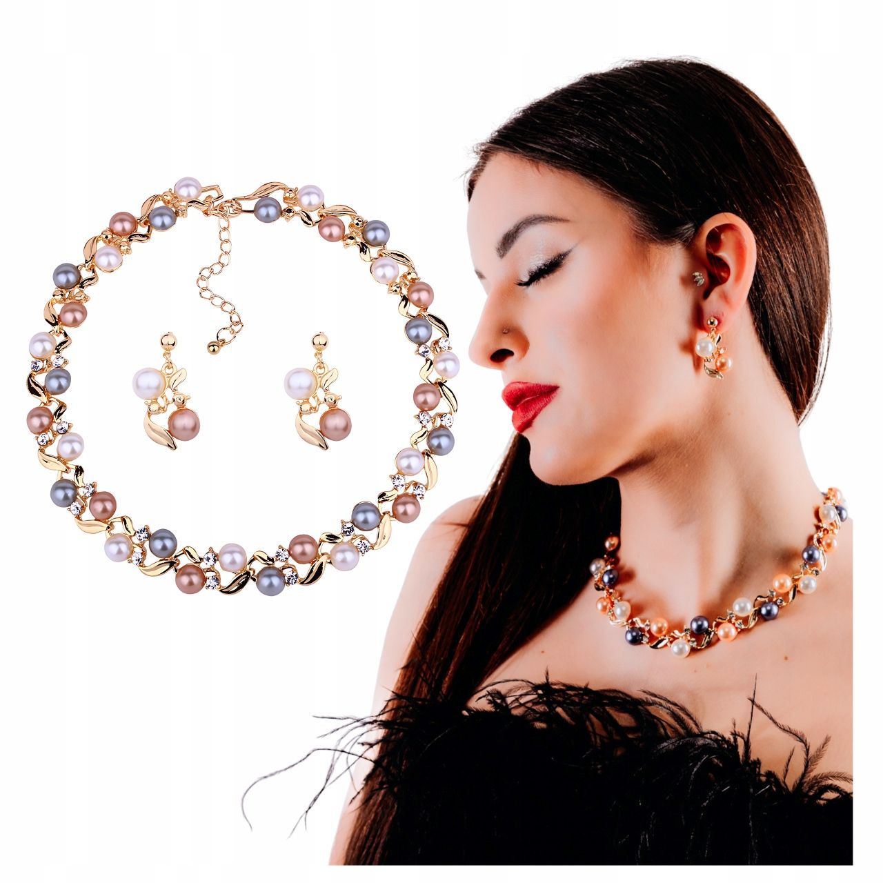 Set earrings necklace bracelet silver jewelry set with pearls