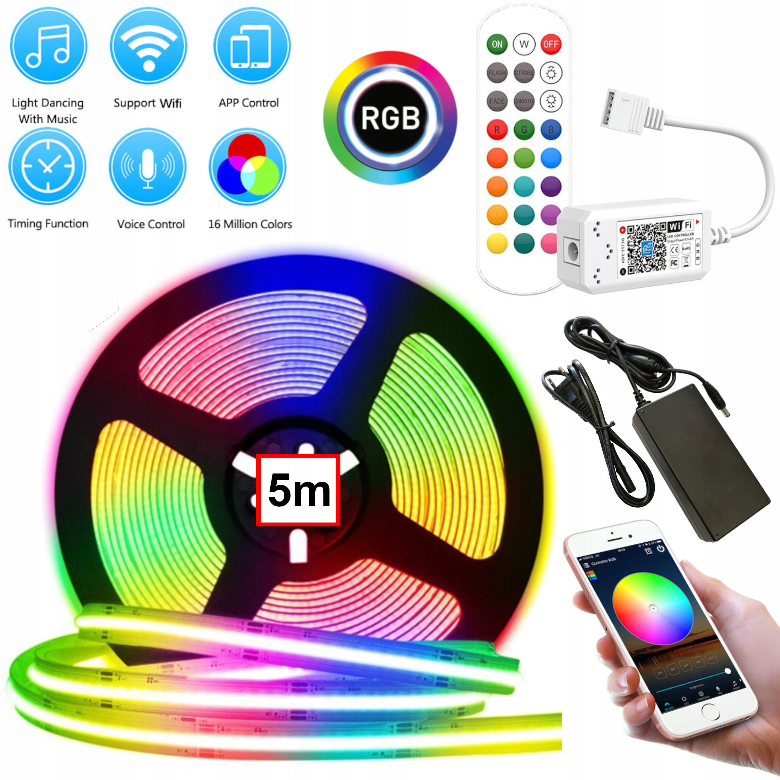  Led juosta cob 1m rgb neon spalva komplektas smart wifi android ios muzikinis
