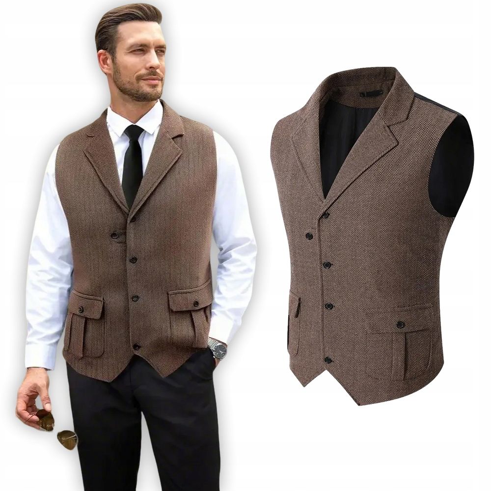  Pánská vesta s kamizelkami se vzorem vánočního stromku vintage styl, výstřih v, khaki, 50