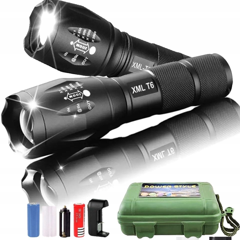  Komplektas 2x taktinis žibintuvėlis cree 2x zoom vandeniui super tvirtas diapazonas 1km