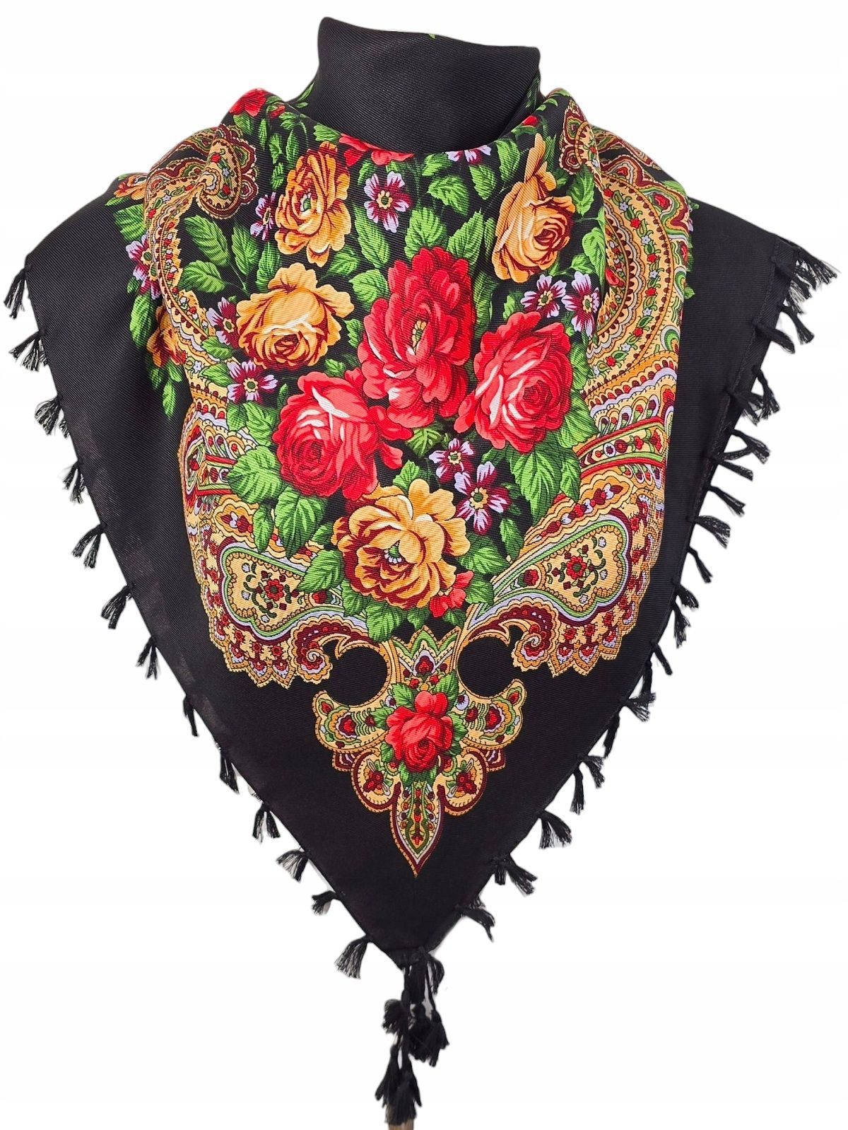  Šalle tumši zils goralska tautas ar ziediem šalle šalle valsts 90x90 cm.