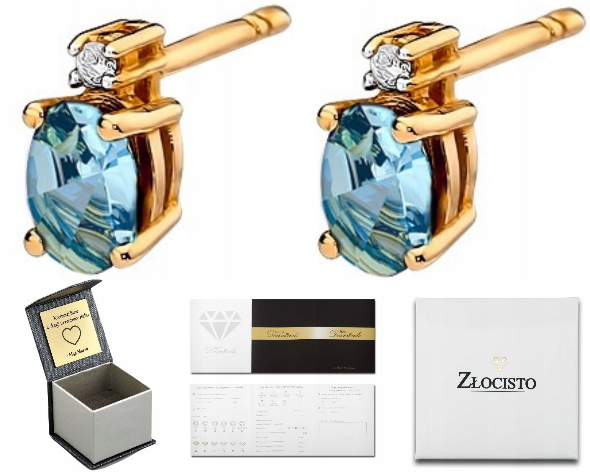  Zlaté náušnice topaz london blue diamanty ceruzka zlato 585 14k