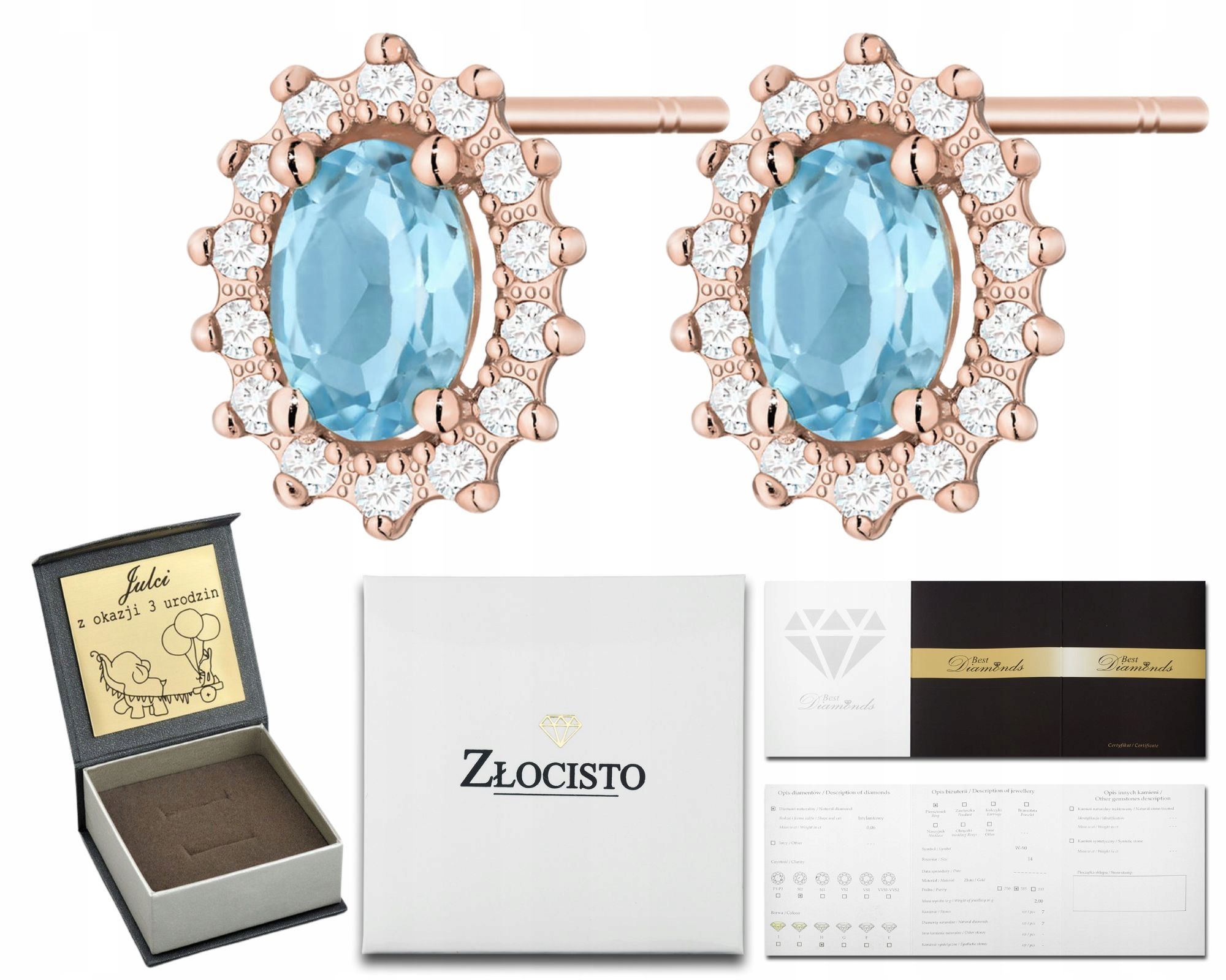  Zlaté náušnice topaz london blue diamanty ceruzka zlato 585 14k