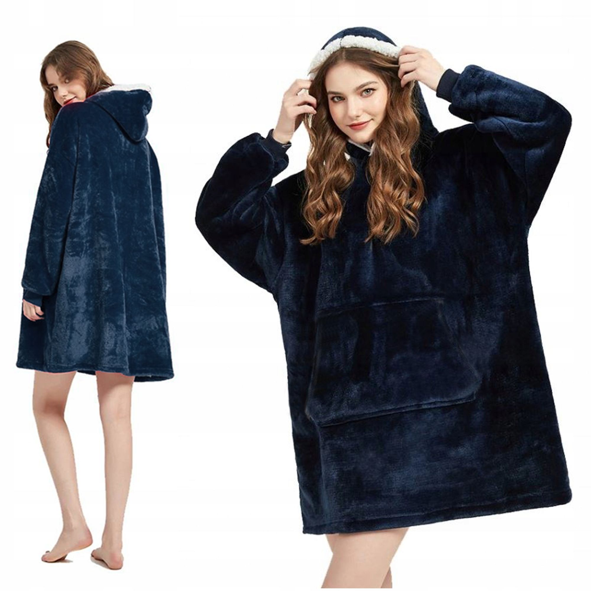  Teplý sveter pléd oversize futrzak 2 v 1 hustý xxl kockovaný sveter prikrývka s kapucňou