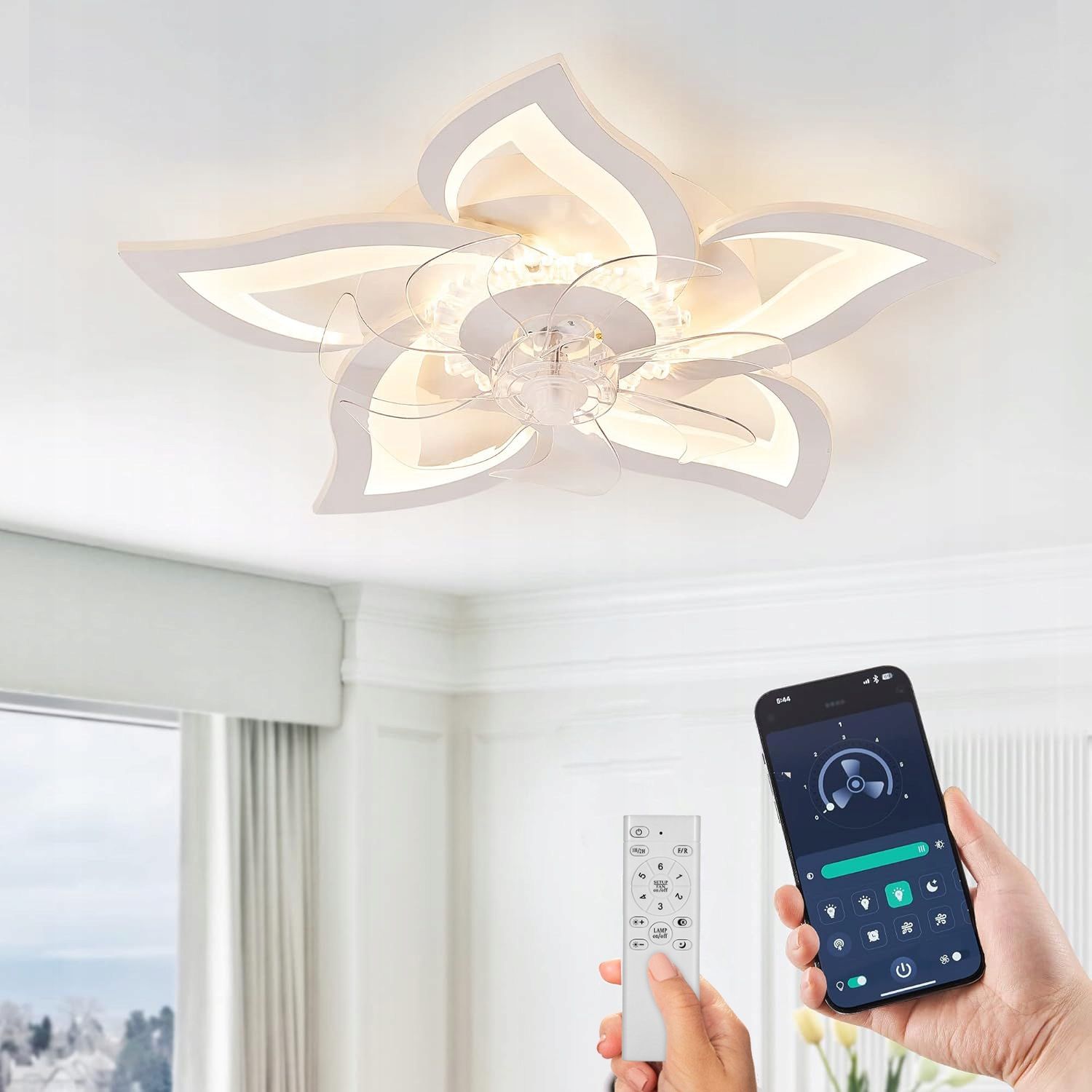  Zems profils griestu ventilators ar gaismu, veidlapa ziedi, attālināti / kontrolējams sīkrīku,