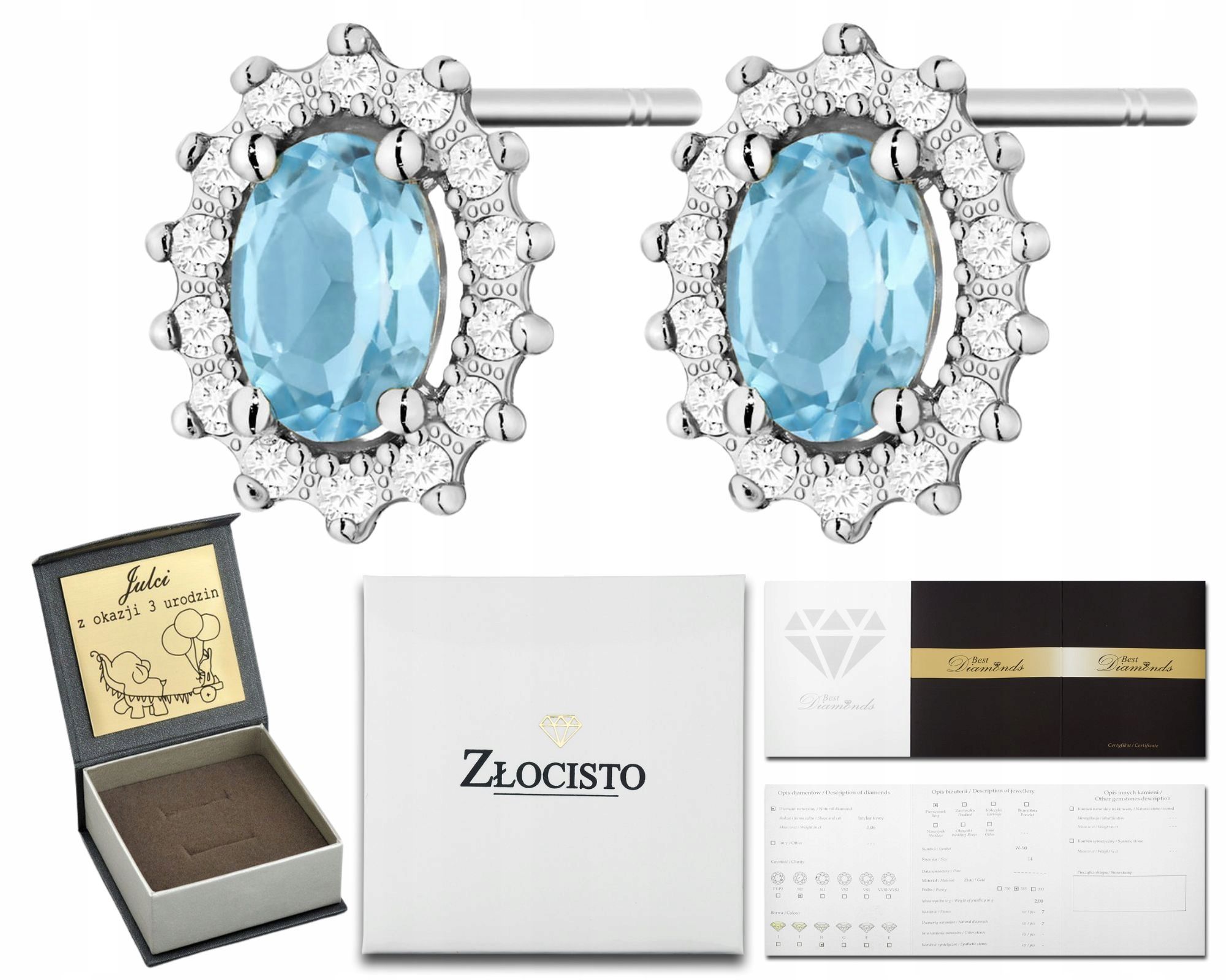  Zlaté náušnice topaz london blue diamanty ceruzka zlato 585 14k