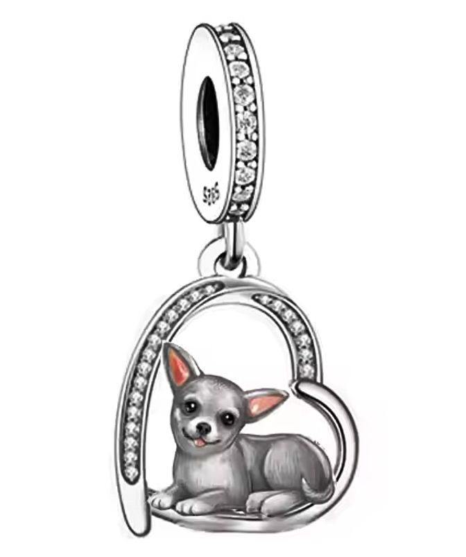  Md charms anhänger hündchen herz grau hund chihuahua steine | s925