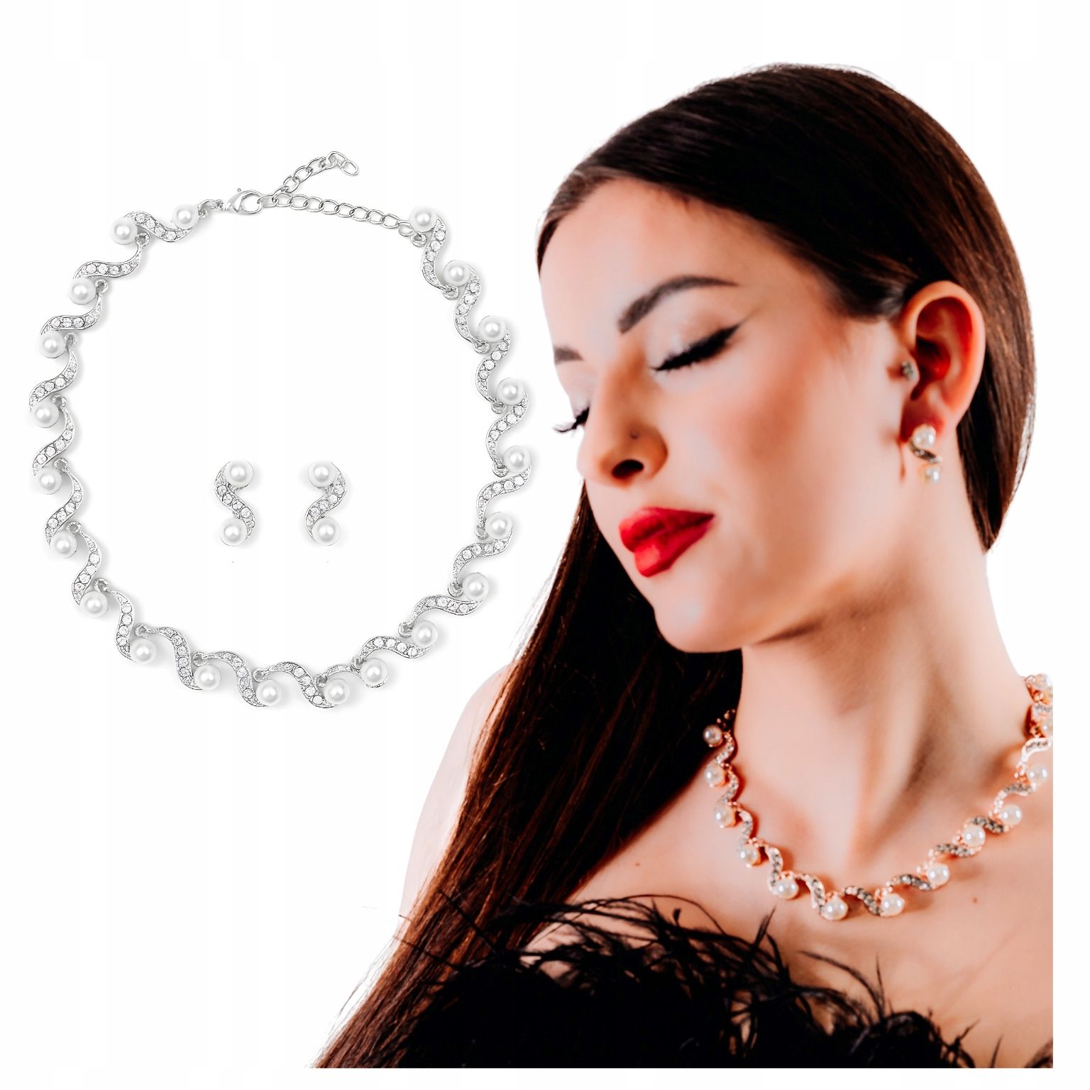 Set earrings necklace bracelet silver jewelry set with pearls