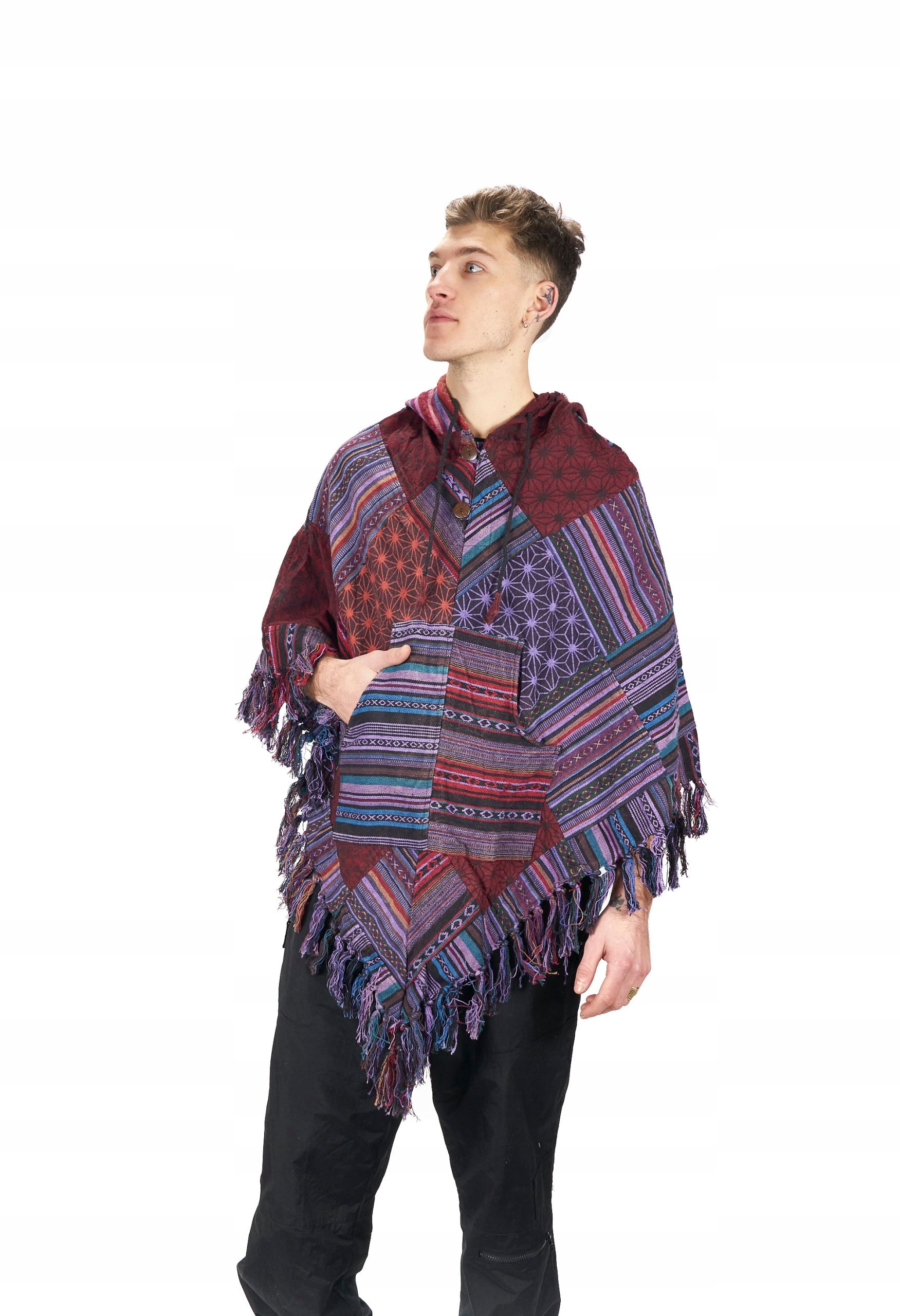  Teplý trojúhelníkový pončo s kapucí s nepalu patchwork