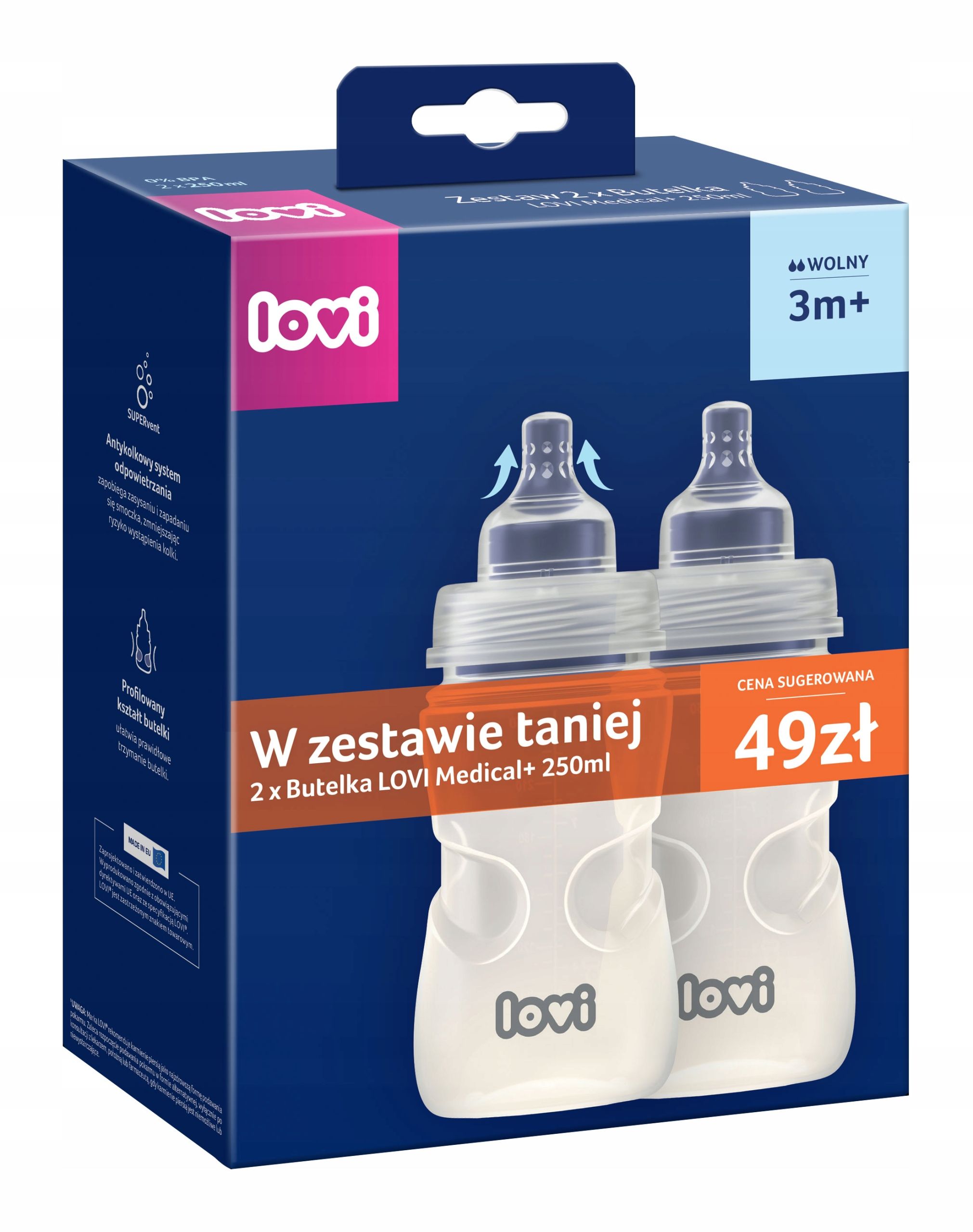  2 x antikoliková láhev lovi medical+ 250 ml s dudlík dynamicznym 3m+
