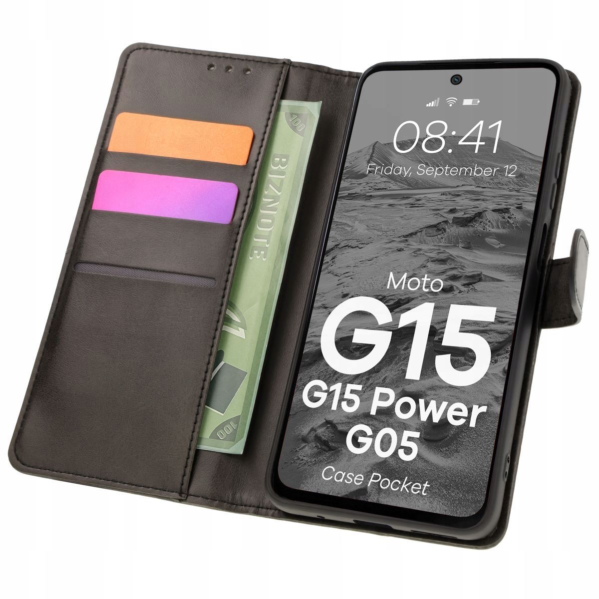  Atverčiamas dėklas bizon į motorola moto g15/g15 power/g05, nugara, portfelowe