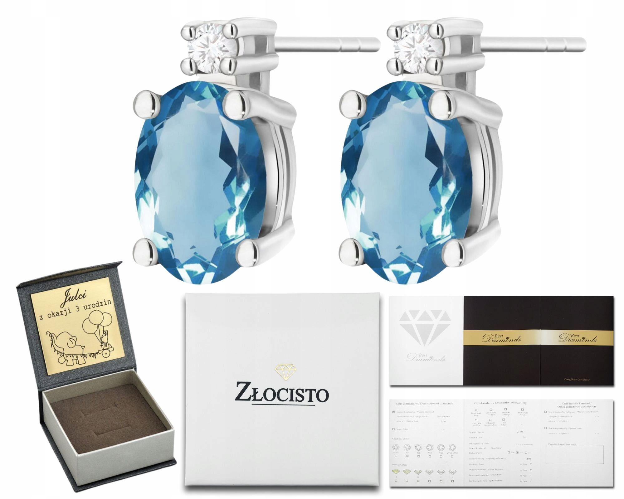  Zlaté náušnice topaz london blue diamanty ceruzka zlato 585 14k
