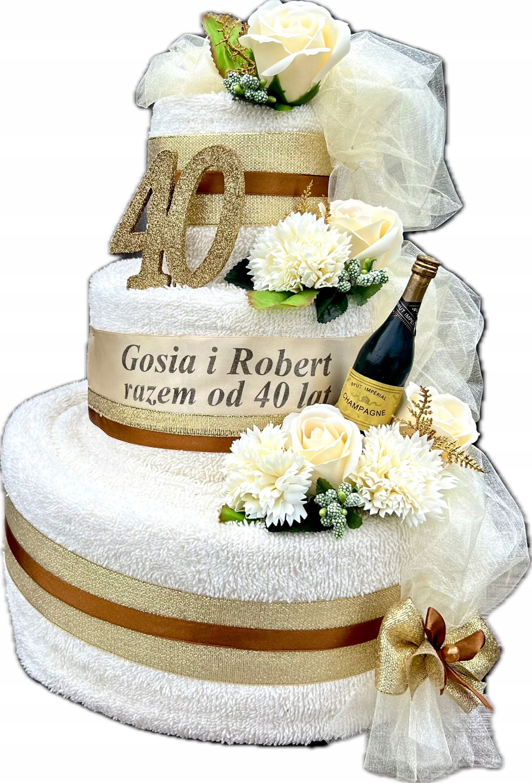  Gift anniversary wedding cake with 4 thick towels flowers roze soap
