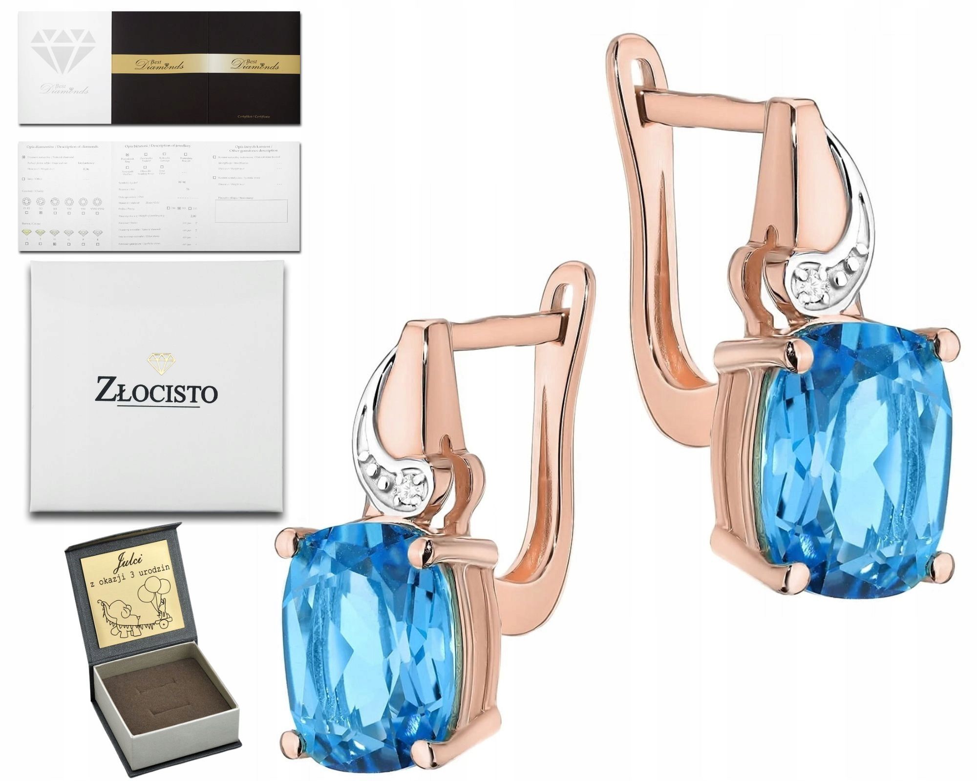  Žlté zlato náušnice na angličtina zapieciu s topaz i brilantné zlato