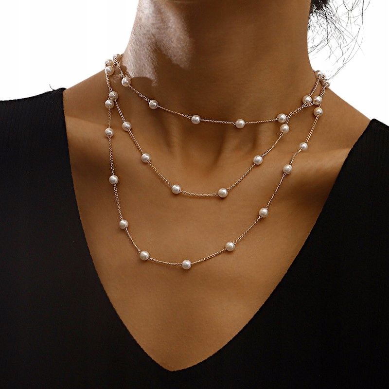  Kaelakee kreemjas valkjas kuldne pärlid pärlid kihid pikk elegantne