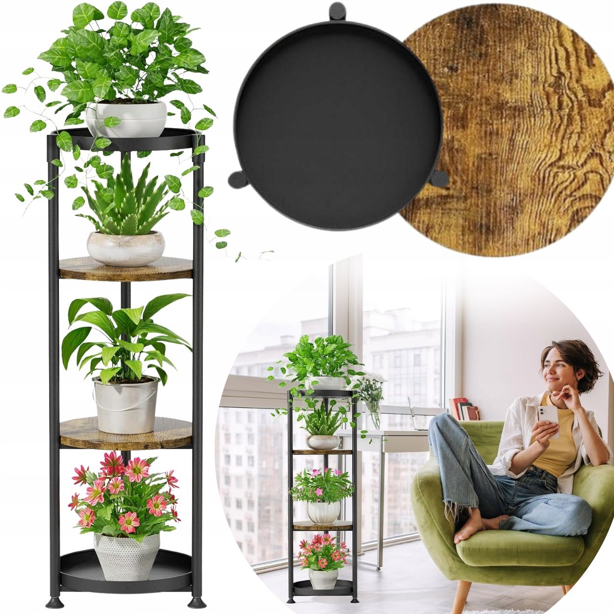  Stand flower stand for plants flowers terrace metal shelf black 4 shelves 114cm