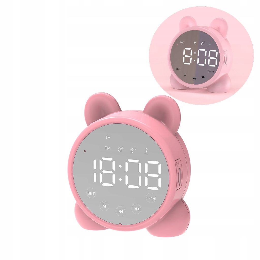  Budík hodiny led fm rádio reproduktor s funkcí bluetooth bt zrcadlo kotě rozowy