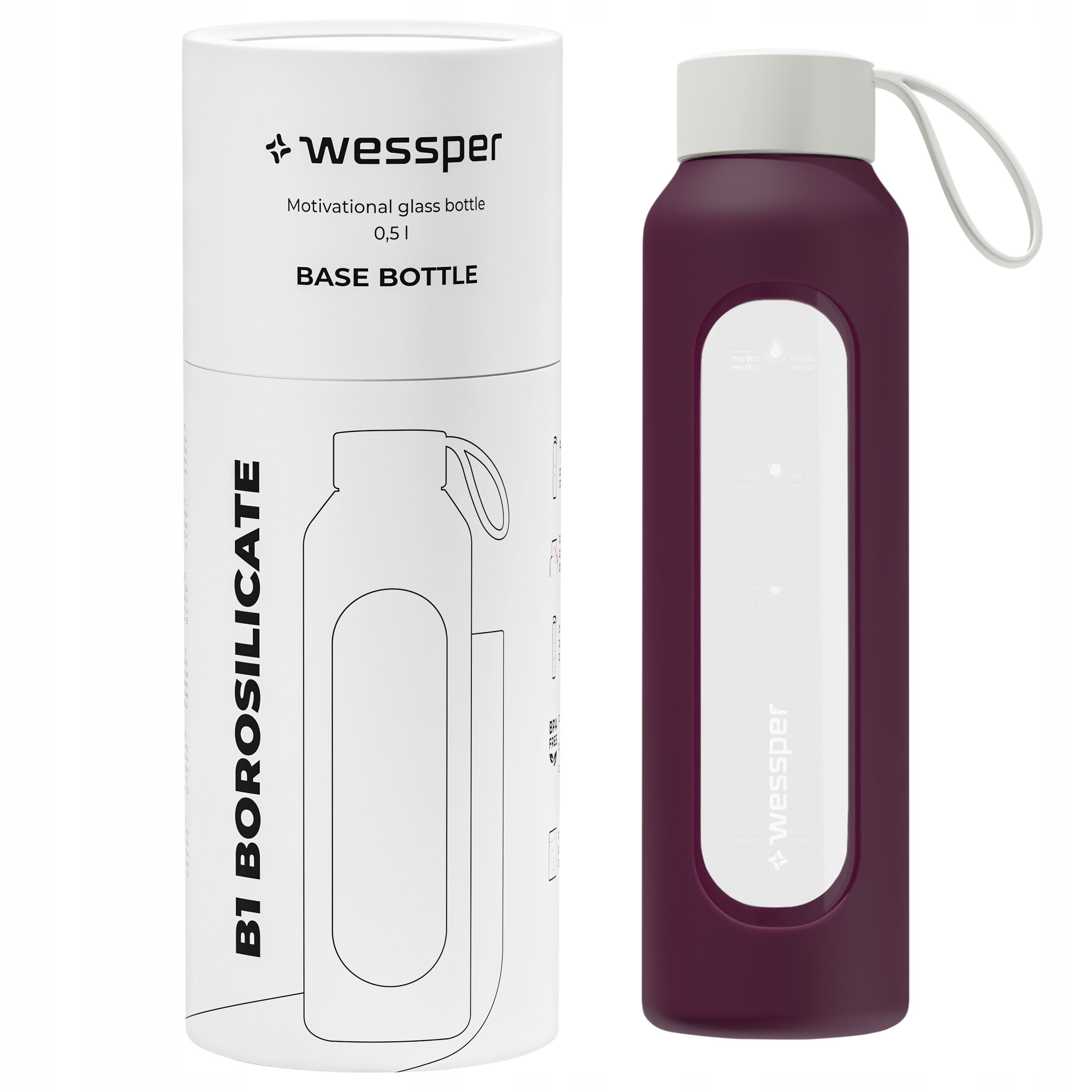  Wessper b1 glass bottle for water with meter + silicone lid 500ml