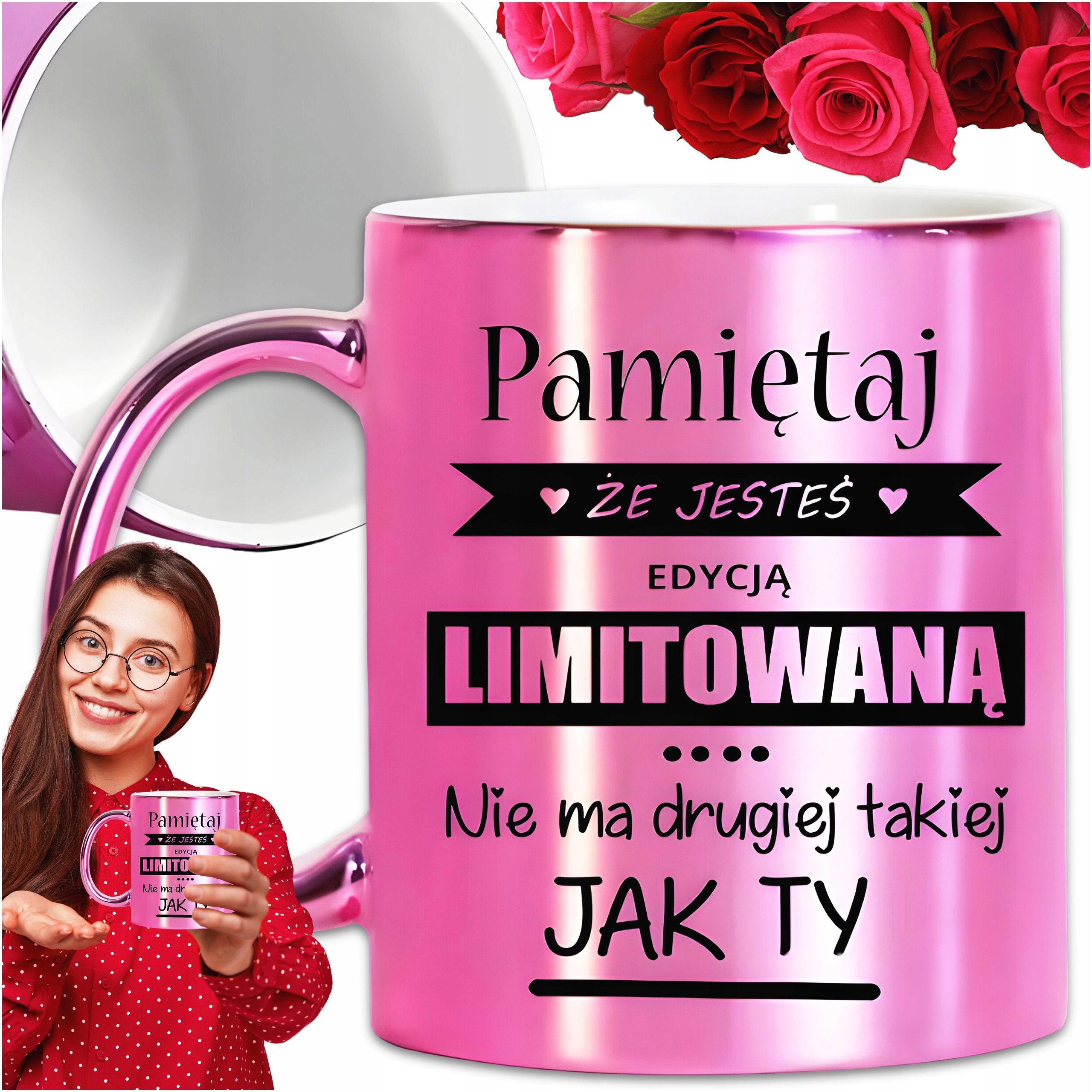  Krūzīte rozā metalik premium ar podziekowaniem dzimšanas diena vārda diena dāvana