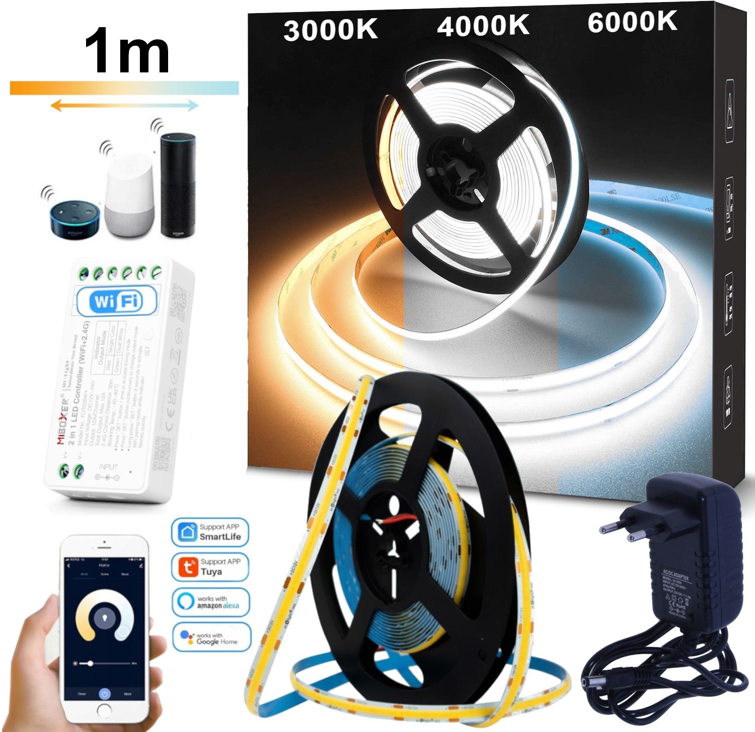  Led juosta 5m cob cct 24v su kintamąją spalva 2700k-6500k valdiklio + maitinimo šaltinis
