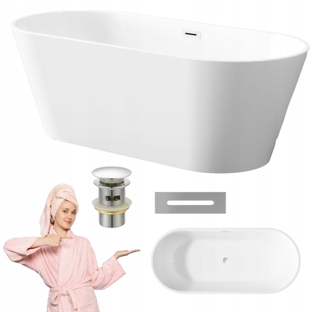 Freestanding bathtub with grooves wall-mounted invena glamour 170 cm black siphon