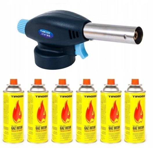  Plynový horák piezozapalarka modrý flame gun 915 + 6x plynu tiross 400 ml