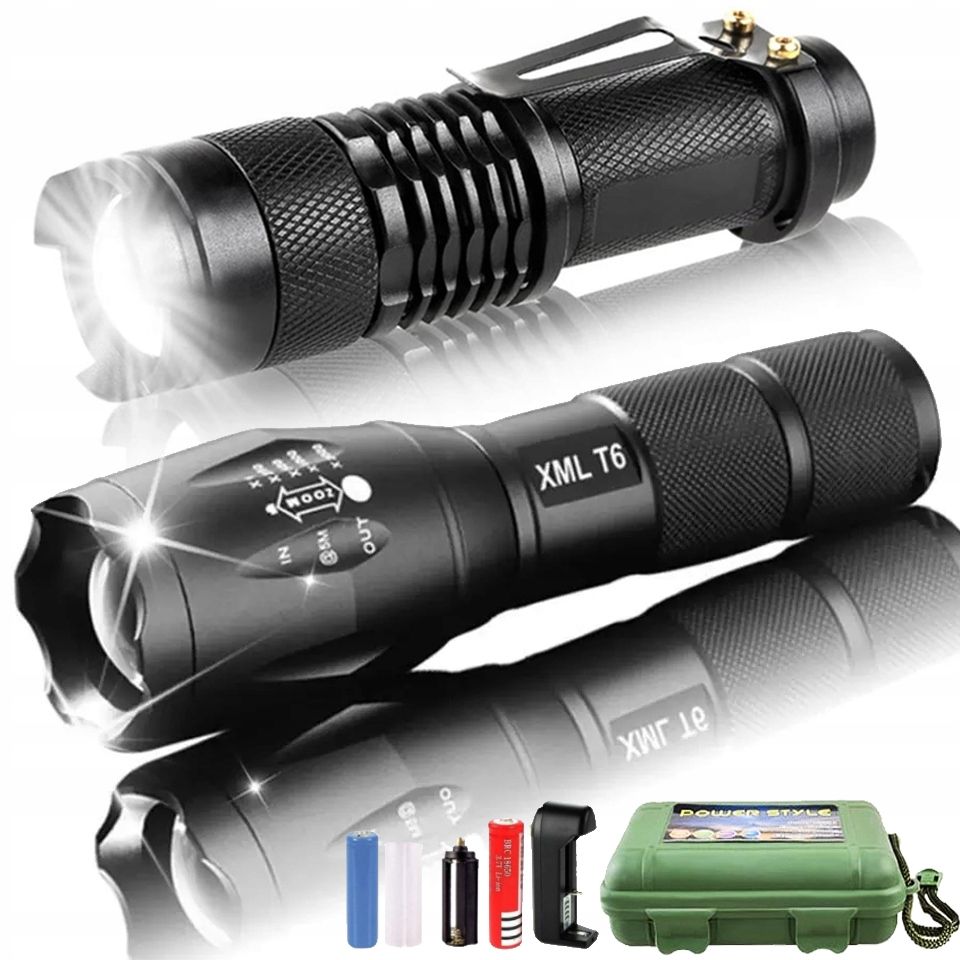 Komplektas 2x taktinis žibintuvėlis cree 2x zoom vandeniui super tvirtas diapazonas 1km